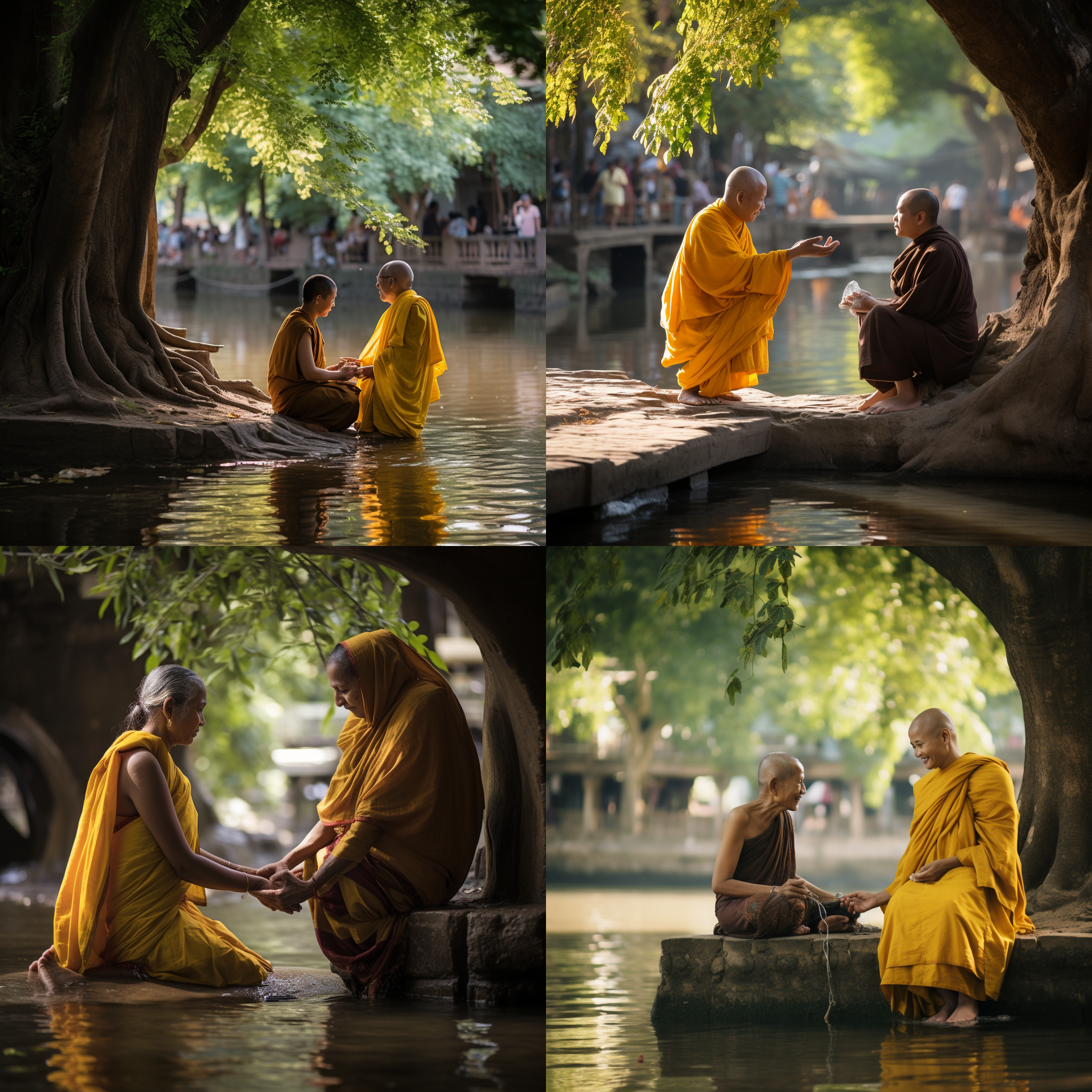 黄袍老僧微笑看着40岁女人，她双手合十。桥下有河流，桥上人潮涌动，河岸绿树成荫，商铺林立。对角线构图，广角镜头，柔和光线，静态场景，自然色彩，宁静与尊重的情感。