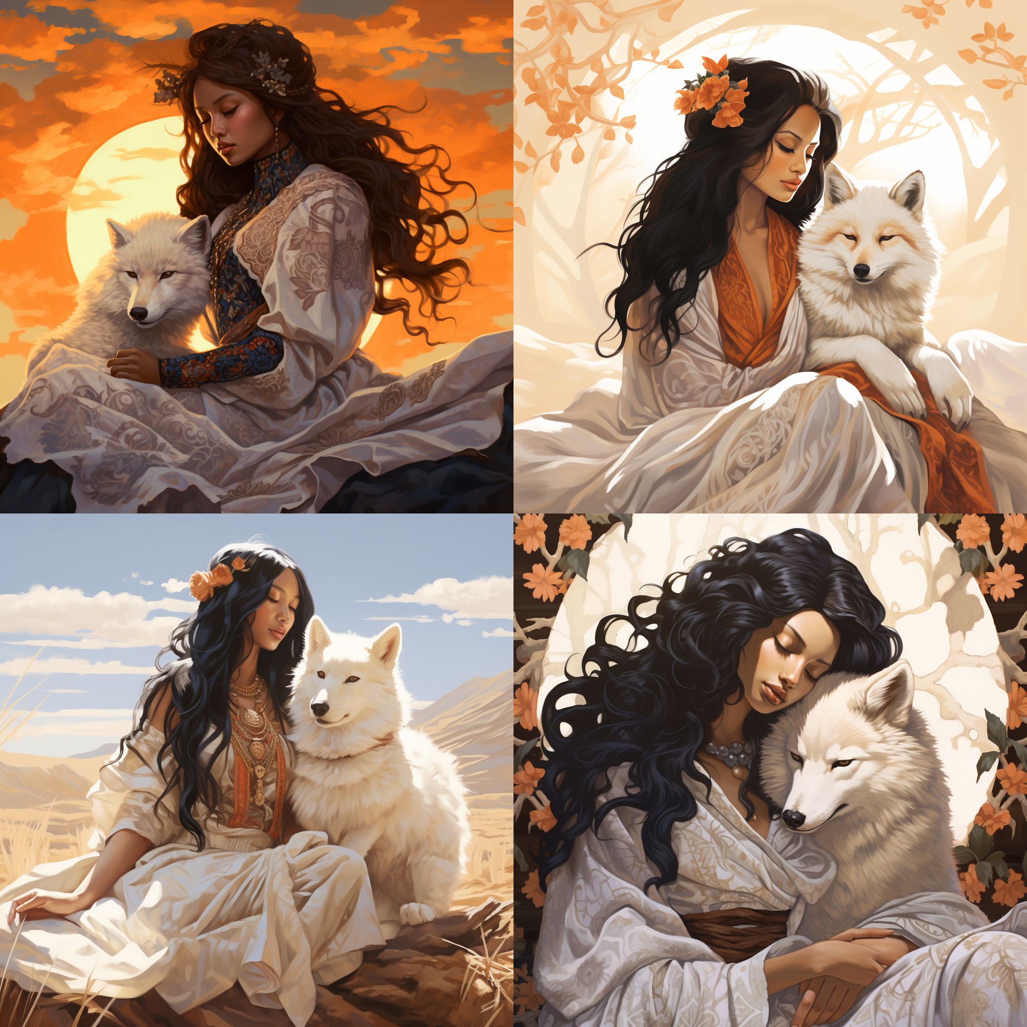 手绘风格，白狐蜷缩在黑发女子身旁。女子穿着古装衣裙，阳光洒满整个场景。构图对称，色调柔和，广角镜头，柔光，静态，细节丰富，温暖情感。