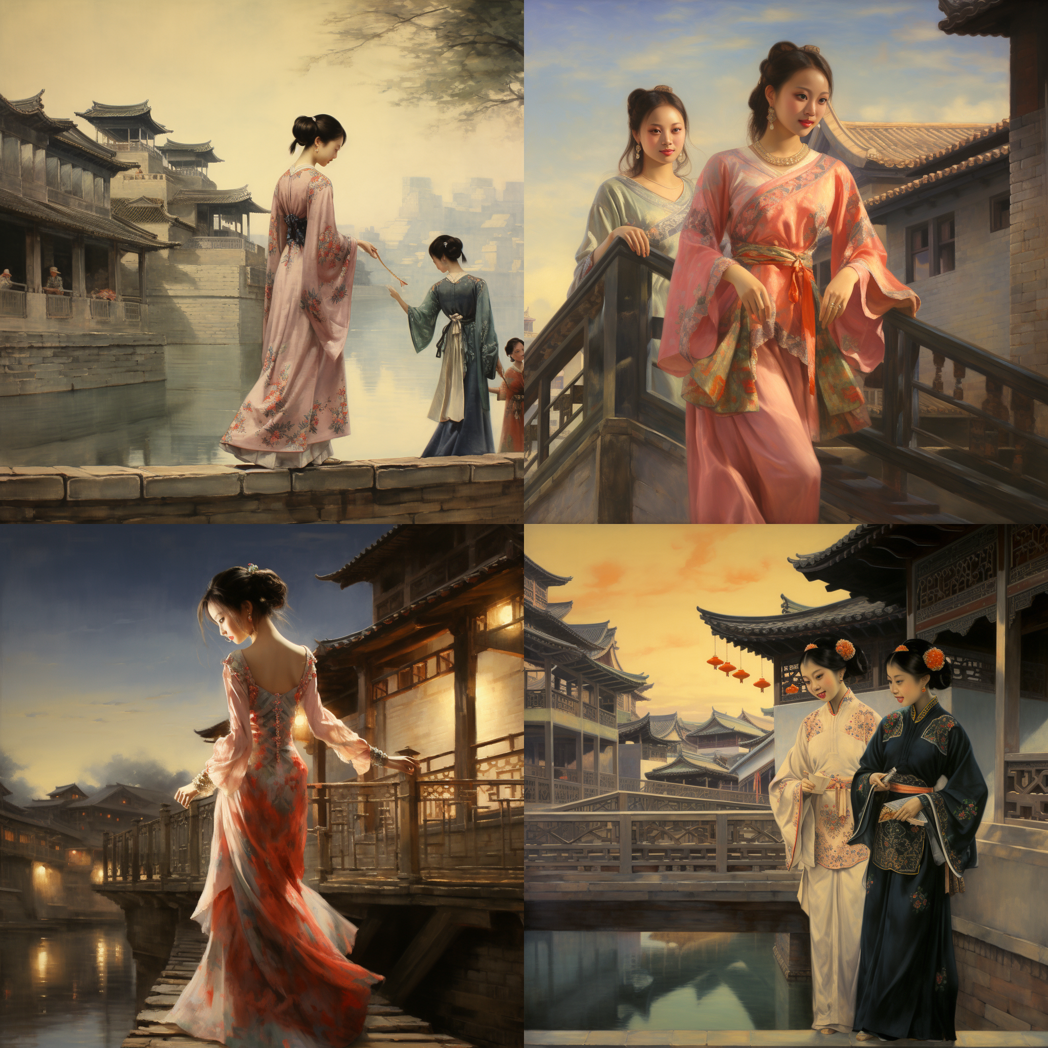 工笔画中国美女，站在古镇小桥上。她身着华丽的传统服饰，优雅地倚靠在栏杆上。画面采用饱满的色彩和细腻的纹理，展现出中国古镇的韵味。透视构图突出桥梁的曲线美，灯光照亮她的侧脸，带来神秘而温暖的氛围。