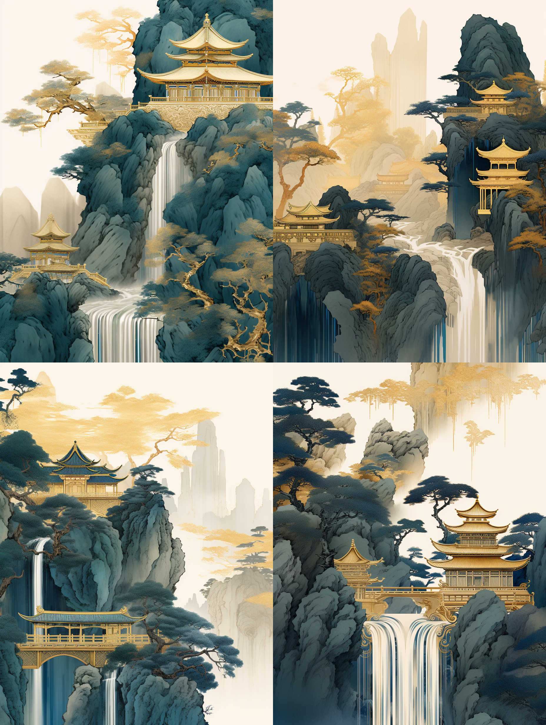 中国刺绣工艺黄金蓝绿山亭树，艺术创作，瀑布，质感，镀金，液态金，极简色域，写意，白色，有机形态，简洁背景。