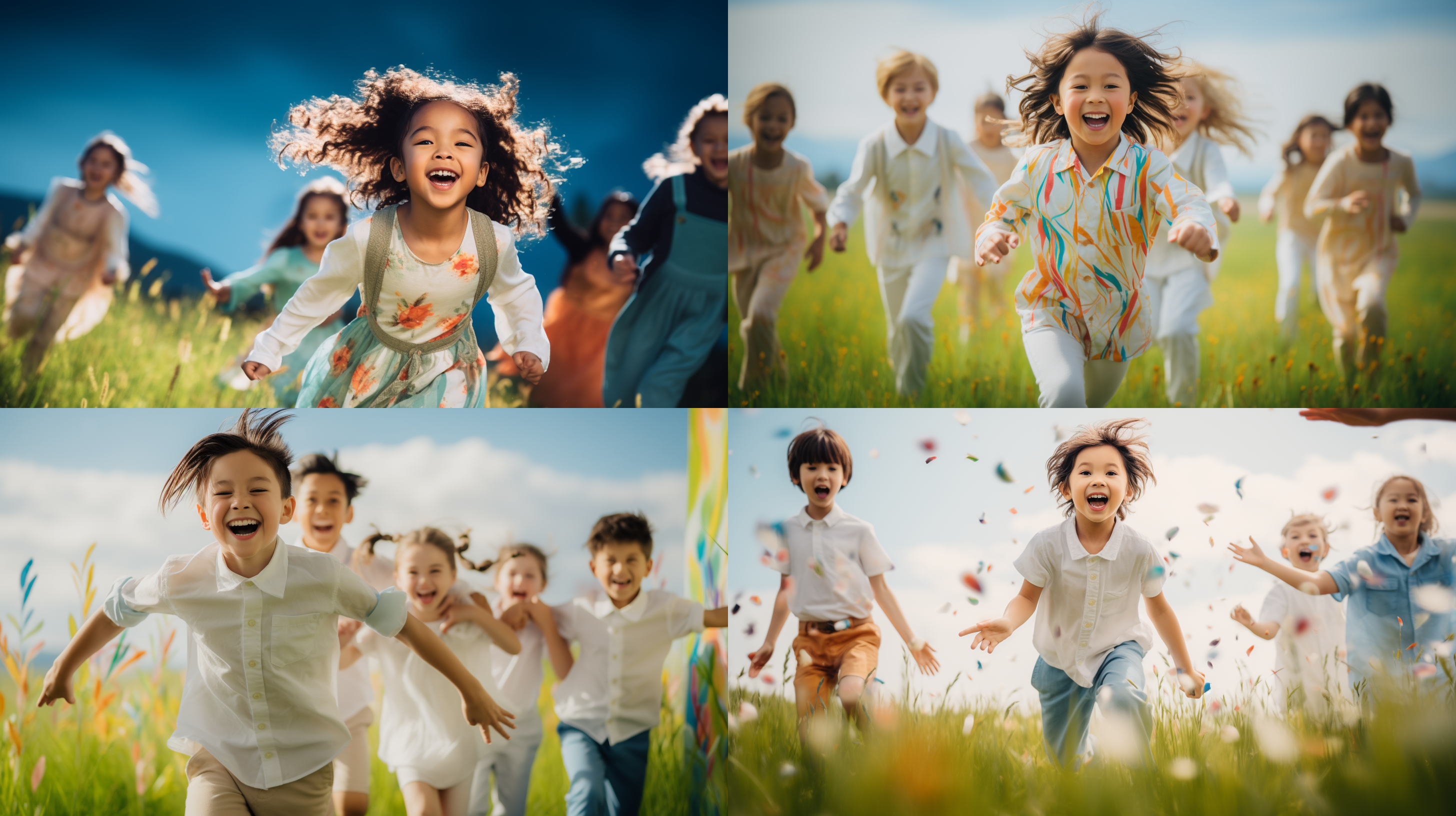 综合性音乐教学，多元元素构成，明亮色调，全景镜头，自然光，孩子们跳舞，活泼愉快，音符飞舞，表现力强。