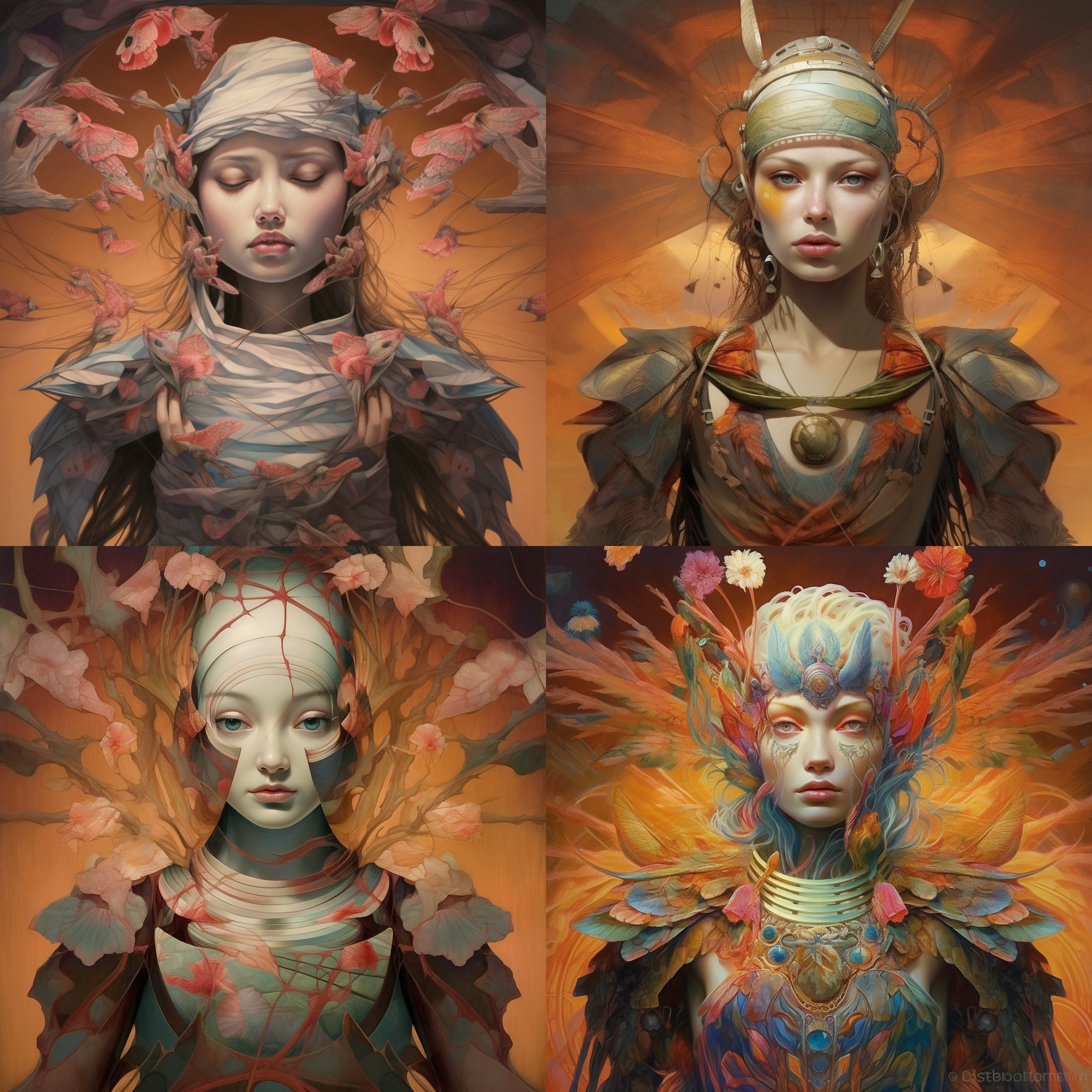 机器人审身披中式铠甲，远景，雪花纷飞，金色的菊花盛开，构图对称，细节丰富，古代宫殿，广角镜头，暖色调，柔和光线，庄严肃穆，神秘。