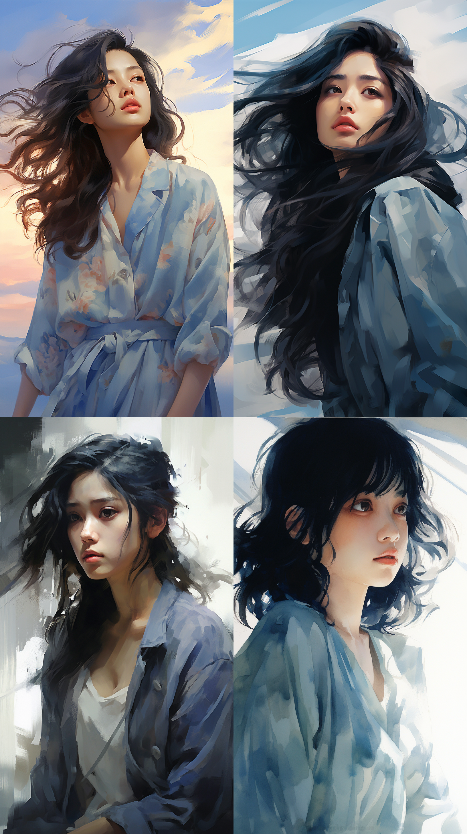 前景暗调，孤独感，亚裔中国女孩子，高角度拍摄，直直的黑发随风飘逸，望着远方。破碎感，怀旧水彩风格，柔焦，静态，自然光线，朝阳，淡蓝色调，忧伤情绪。