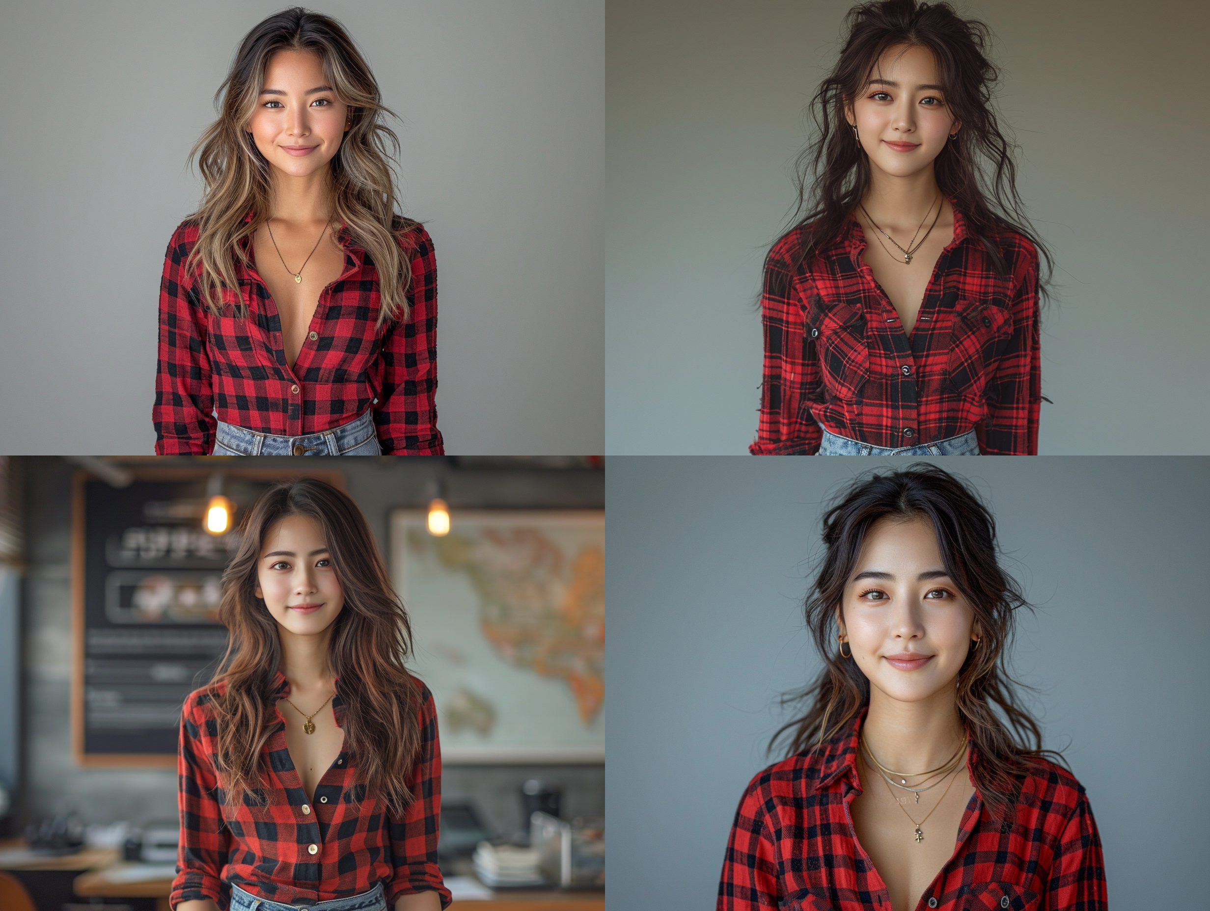 漂亮的女孩，25岁，中国人，微笑着，红黑相间的格子衬衫，合身的牛仔裤，踝靴，金色项链，质感铆钉包，摄影棚，渐变灰色背景，正面视角，全身照，肖像，对称，伦勃朗特效光，超写实。
