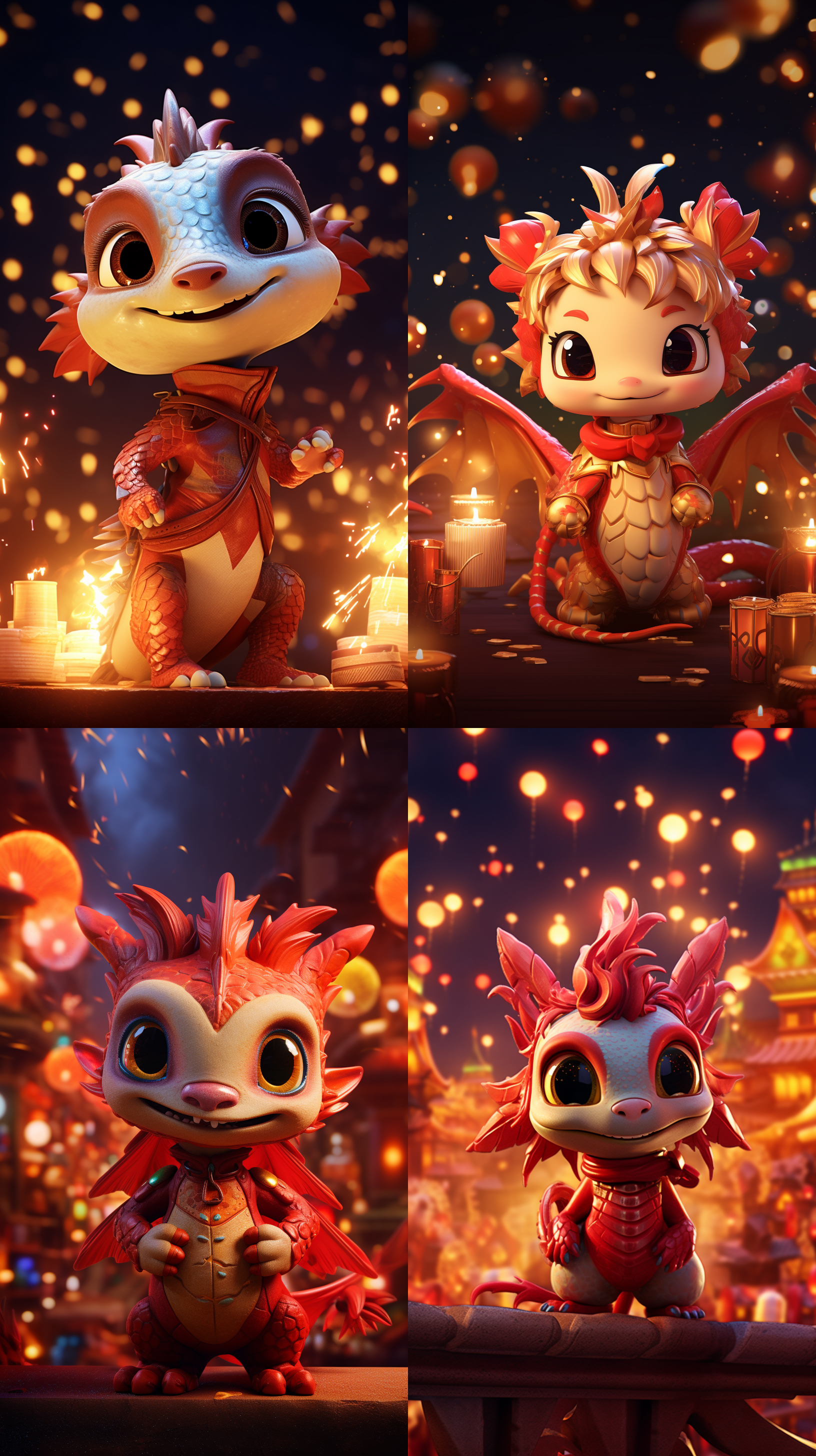 萌萌的小龙，可爱摆pose，烟花，灯笼，新年素材元素装饰，红色背景，明亮而柔和的光线，细节丰富，眼神友善，喜庆的颜色，欢乐的氛围。拍摄技术：宽幅构图，广角镜头，高饱和度，快门速度适中，抓拍动作，自然光线，生动。