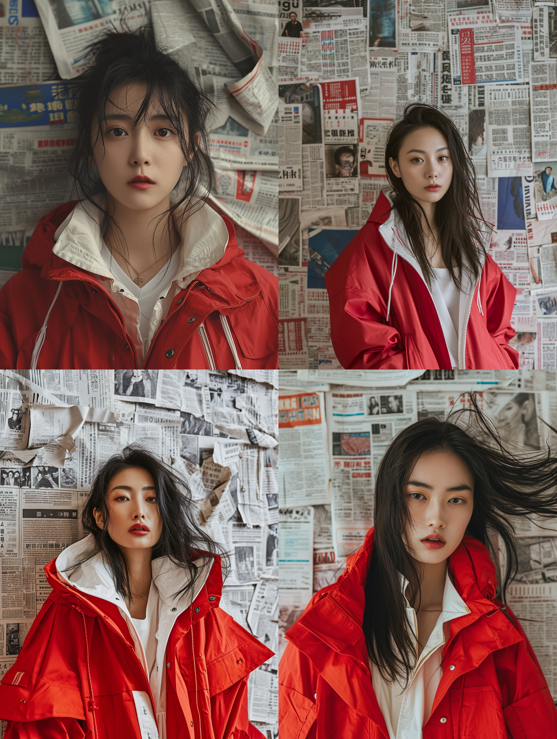 中国成年女性，美女，有力量，有野性，有派头，穿着红色风衣，白色的内衬，背景是贴满报纸的墙壁，高品质，8k