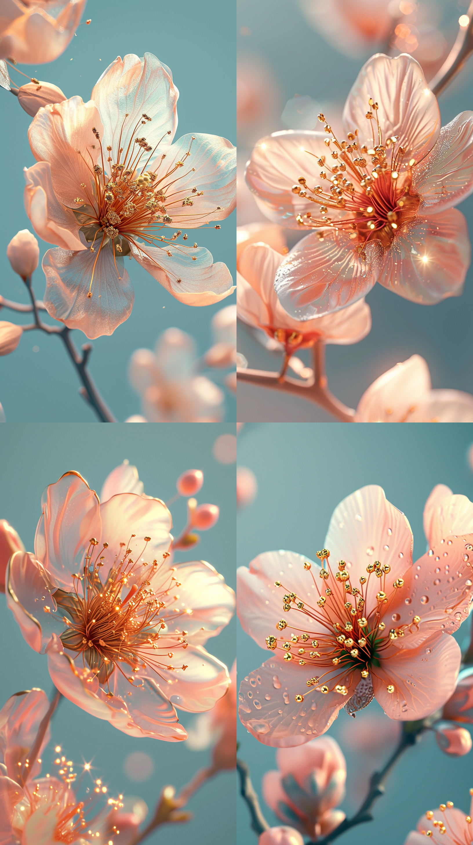 一朵漂亮的桃花 花瓣有金边 金色花蕊 柔和照明 c4d oc渲染 超高细节 浅蓝色背景 