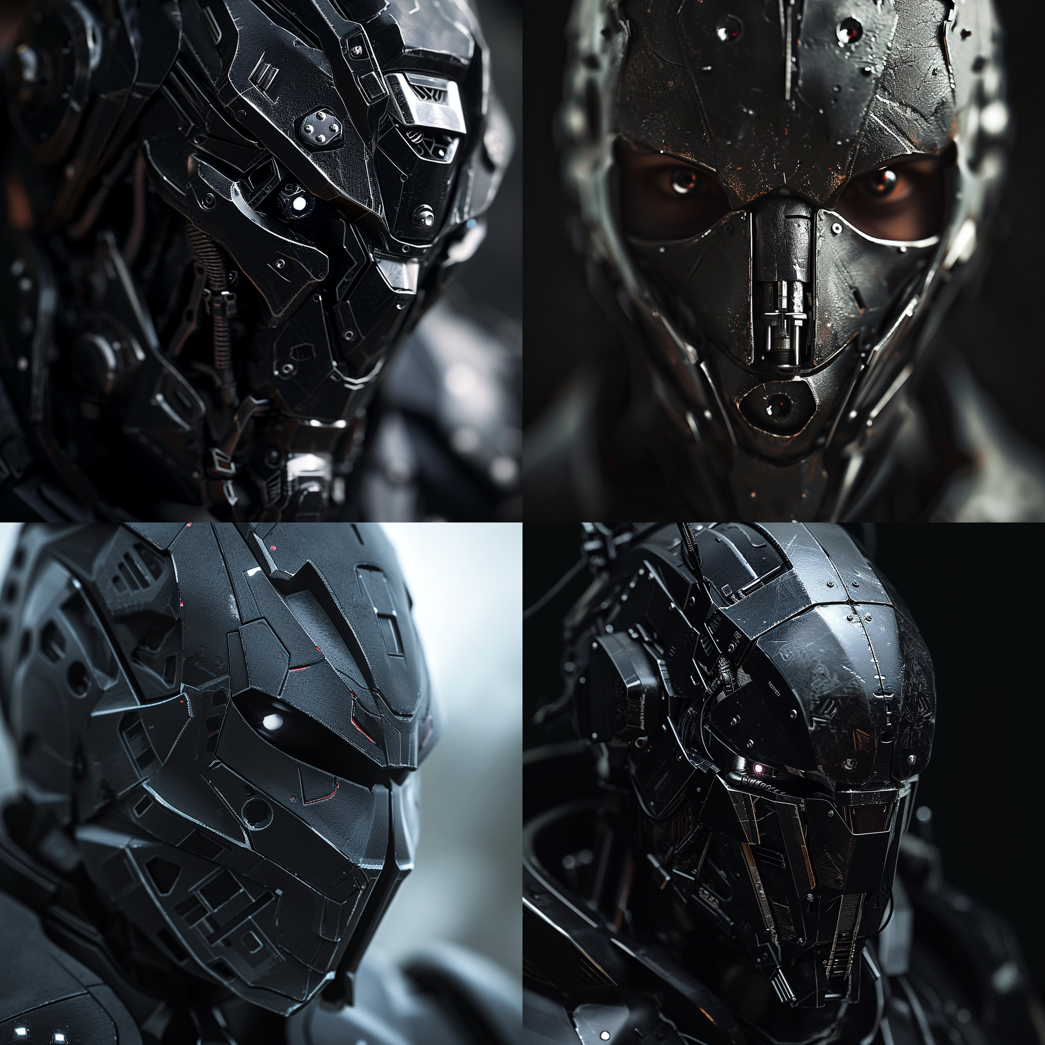 机甲面具，黑色金属质感，曝光合理，近景特写，锐利焦点，高光突出，冷色调，神秘氛围，高科技元素，独特造型，紧绷张力。