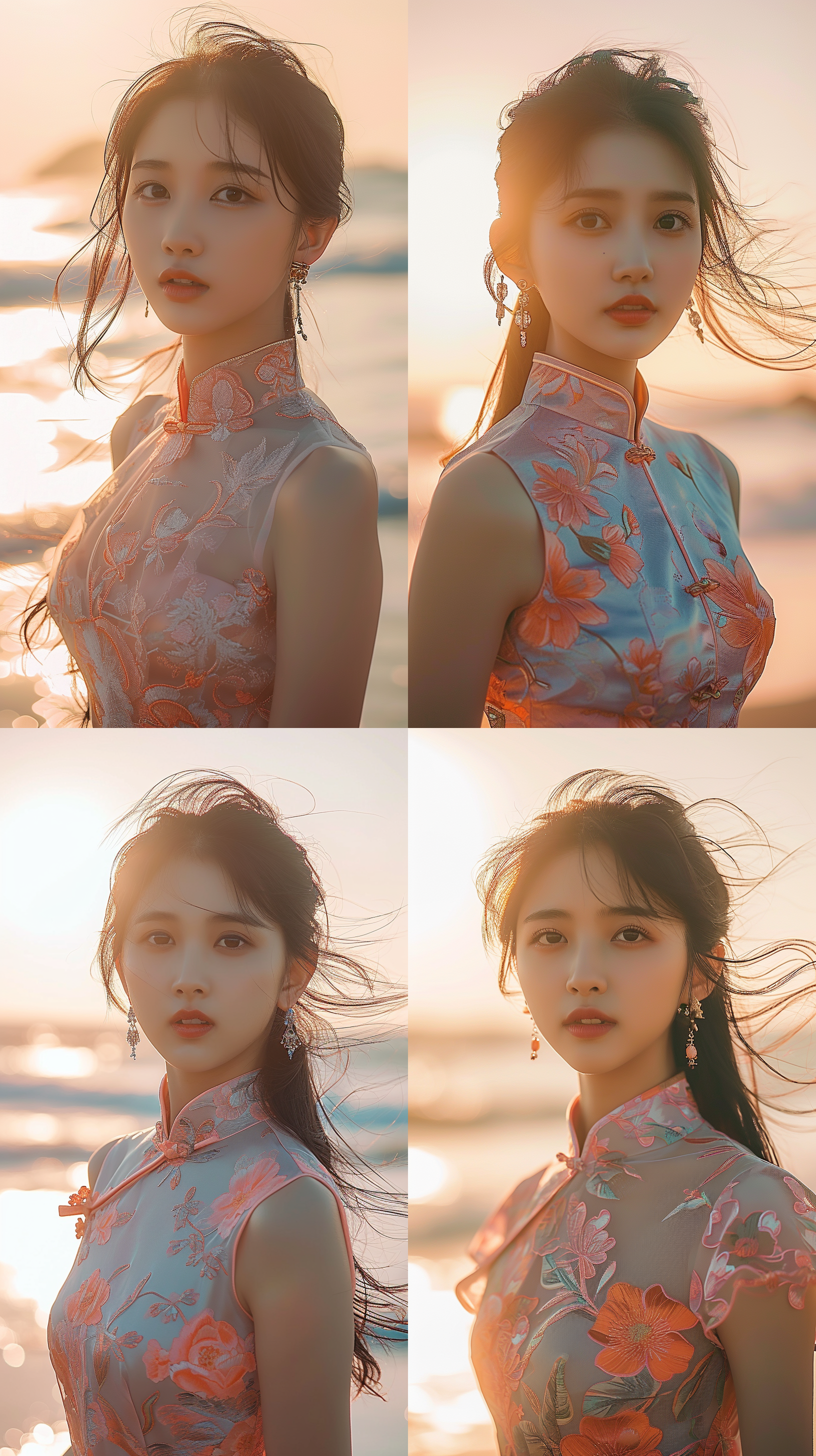 20岁美女，黑色长头发，五官精致，戴上耳环，身穿短旗袍，身材前凸后翘，柔和光线下，浅景深捕捉到波浪拍打岸边的画面。她放松自信的表情展现了夏日的自然柔美。清新舒适的氛围中，她散发着自由与温暖，仿佛置身于梦幻之中。全身照，夏日，自然，柔美，清新，舒适