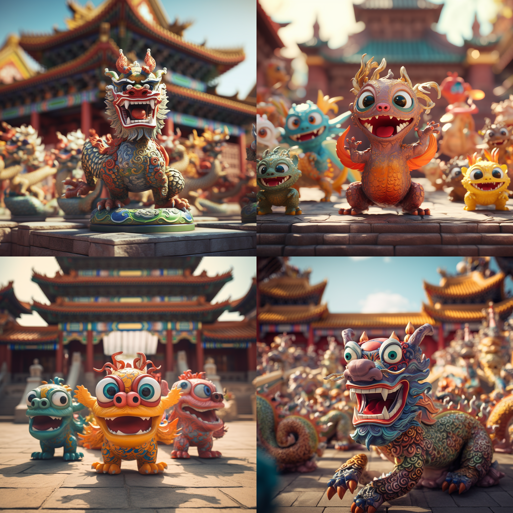 超级可爱彩色小龙，在红色故宫城门上盘旋。高清细节，高对比度，柔和光线，呆萌可爱。彩色饱和度高，广角镜头，盛夏气息，活力四溢。