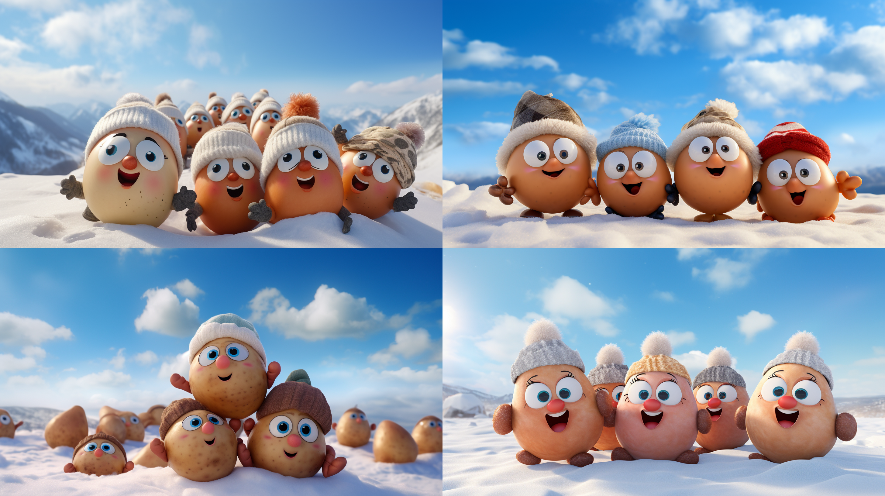 很多小土豆穿着羽绒服戴着帽子，像儿童一样，背着书包在雪地里玩耍。他们有脸、胳膊和腿，非常可爱。照片中的小土豆面对镜头，眼神友善，表情童真。蓝天白云的天空作为背景，构图宽广。光线明亮柔和，细节丰富。照片传递着欢乐愉悦的氛围，以极高分辨率和最佳质量呈现。卡通形象的土豆拟人化与城市楼群背景形成鲜明对比。