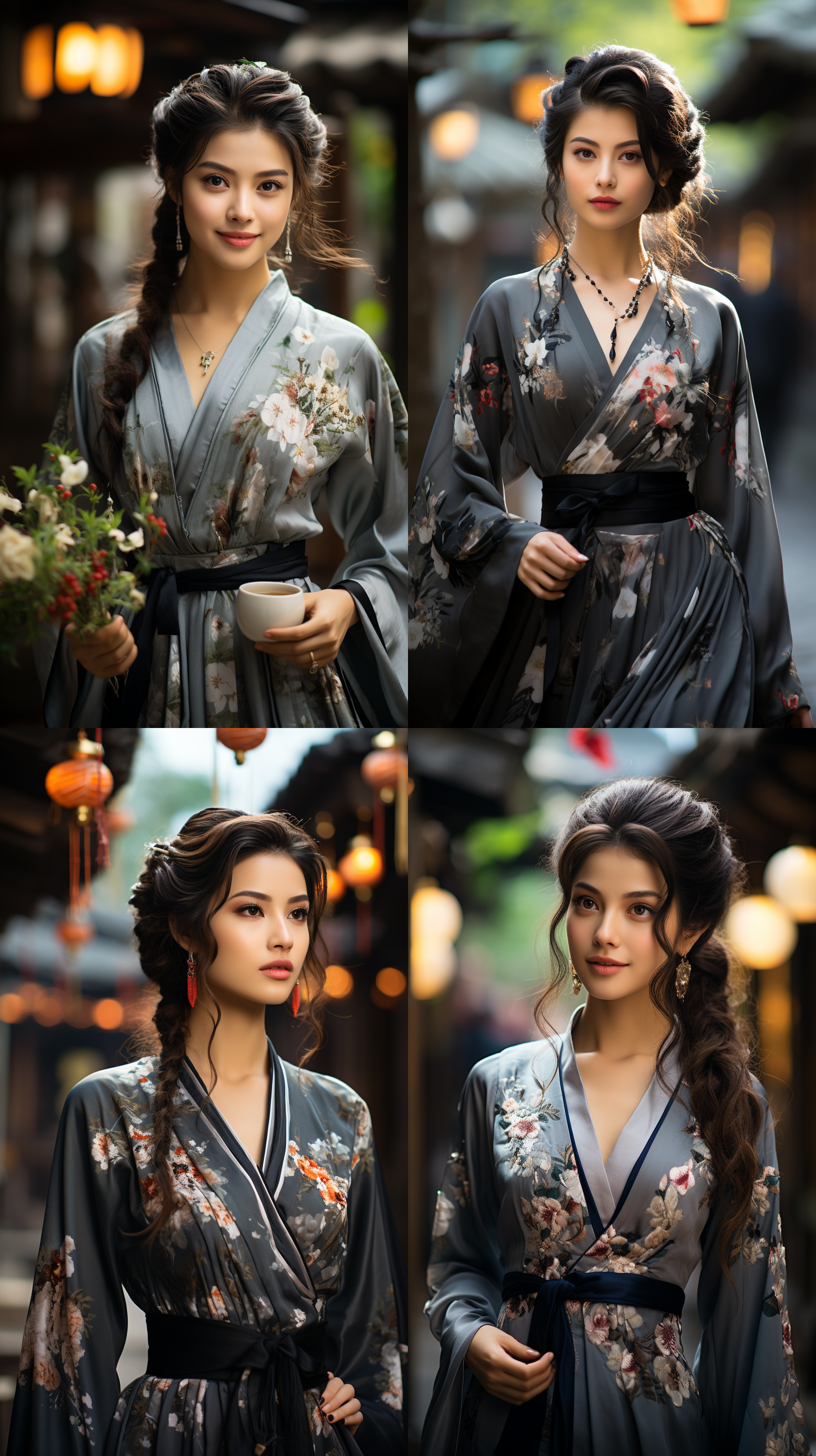 穿着汉服的女子，古街上漫步，头饰盘髻，姿态婀娜。眼神幽远，时光倒流，繁华复现。华丽典雅，绣花精致，香气袭人。轻盈步履，古舞律动，引人遐想。眉间优雅，箫声琴韵，美丽绽放。穿越时空的仙子，古街焕发新生机和魅力。