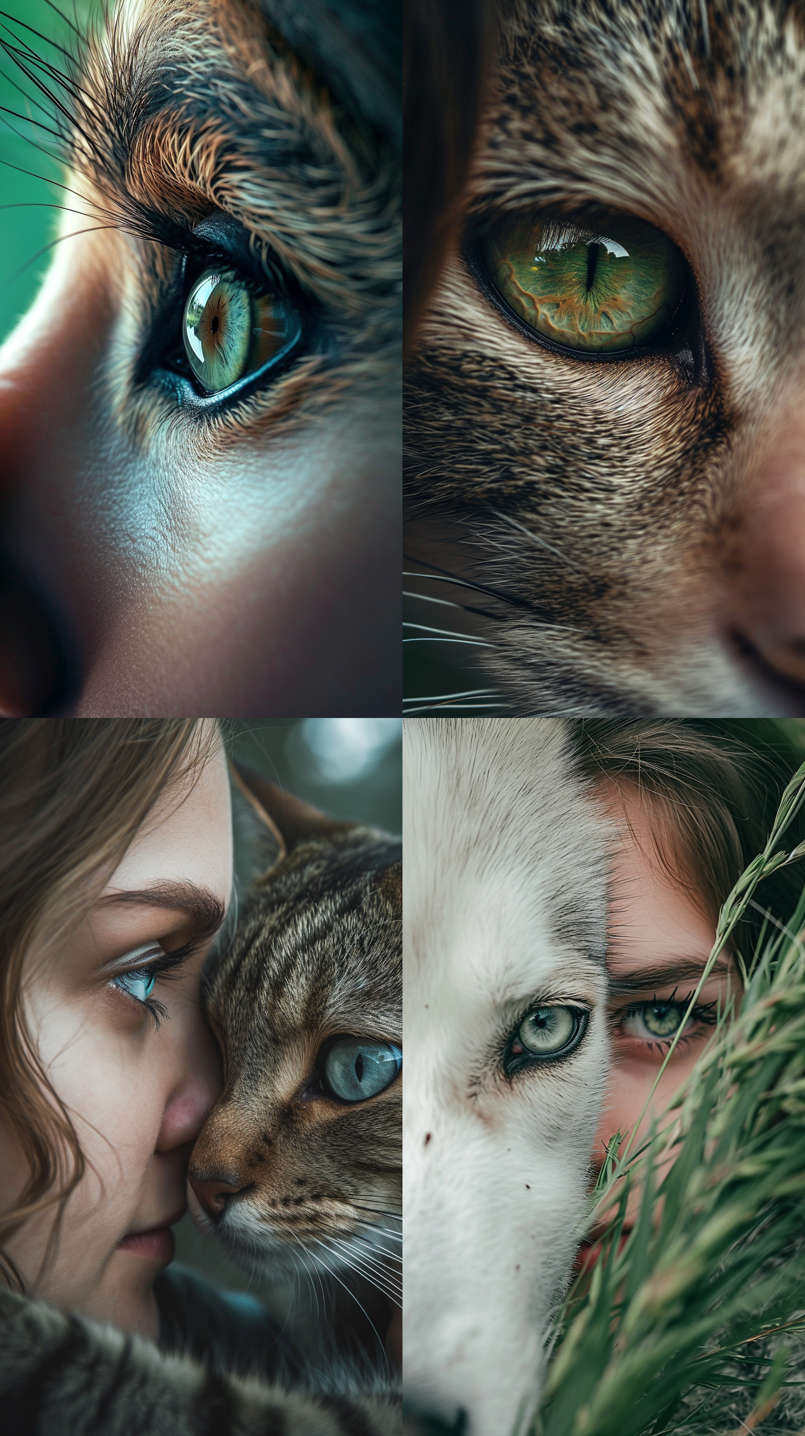 人类在动物眼中，广角镜头拍摄，大自然背景，柔和光线，放大人类表情，突出人类与自然的联系，绿色调，好奇，善良，平静。