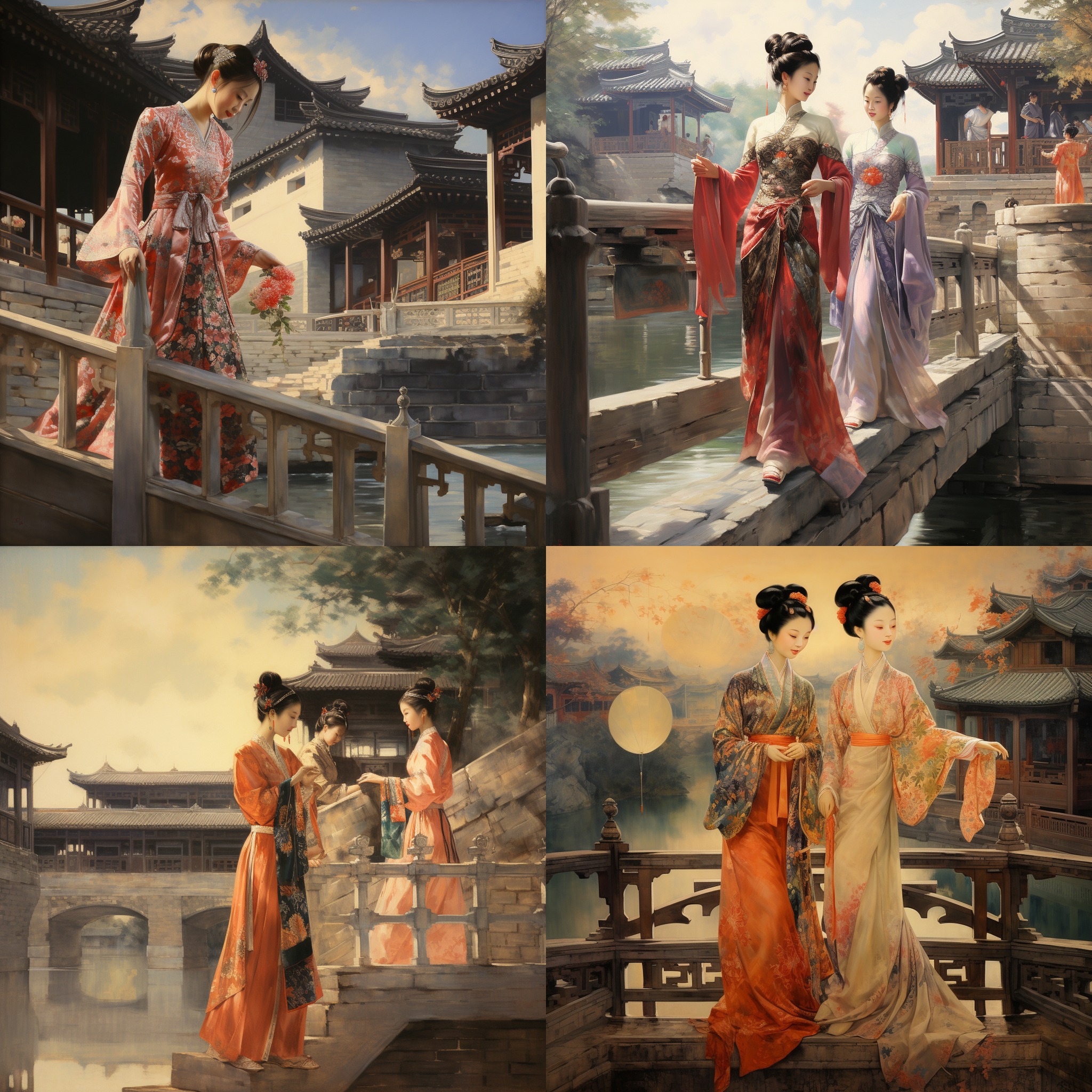 工笔画中国美女，站在古镇小桥上。她身着华丽的传统服饰，优雅地倚靠在栏杆上。画面采用饱满的色彩和细腻的纹理，展现出中国古镇的韵味。透视构图突出桥梁的曲线美，灯光照亮她的侧脸，带来神秘而温暖的氛围。