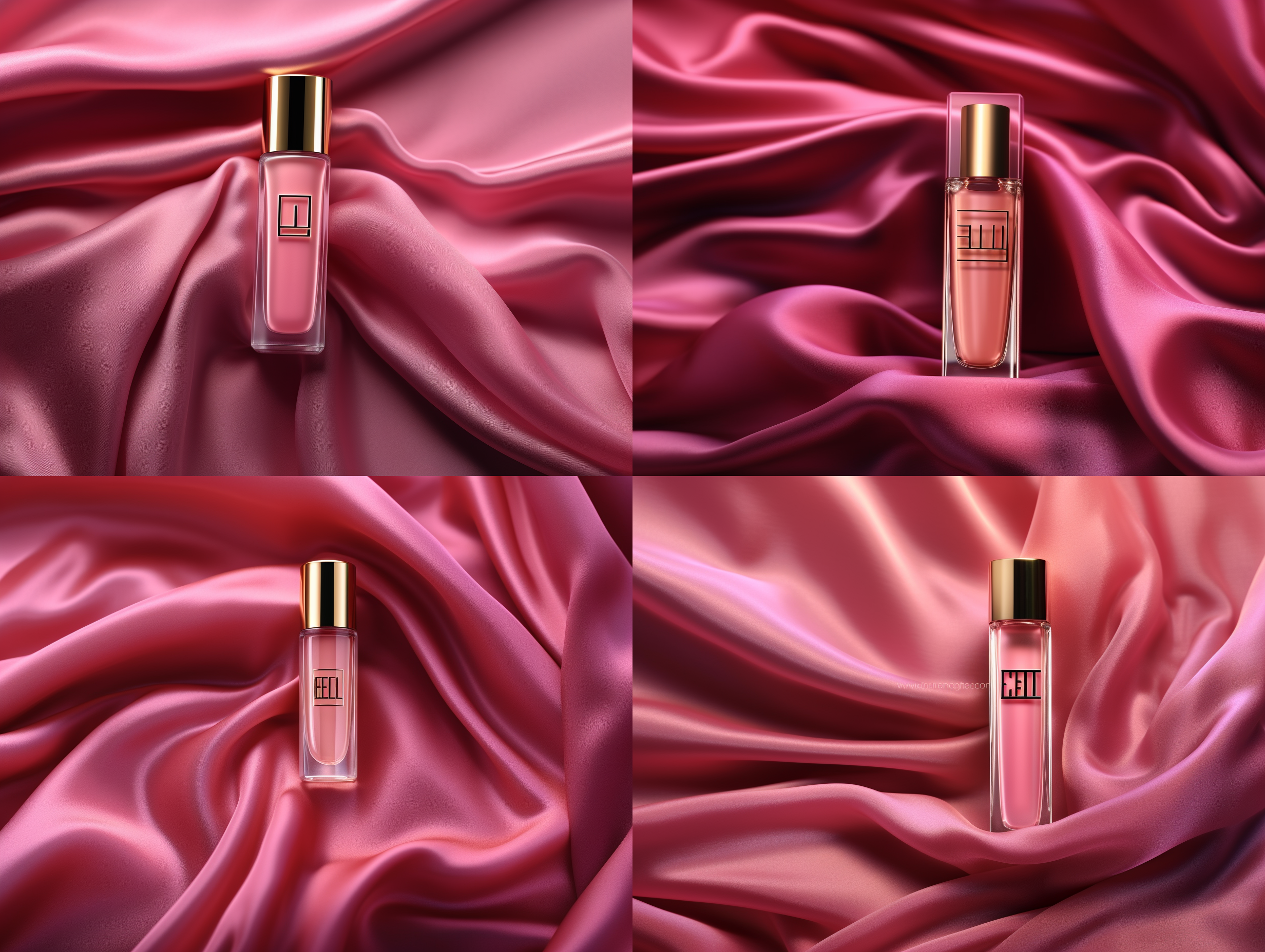 一瓶化妆品，在布料上推出褶皱，整体柔和色彩，有光泽，画面舒适，高清画质，商品展示图