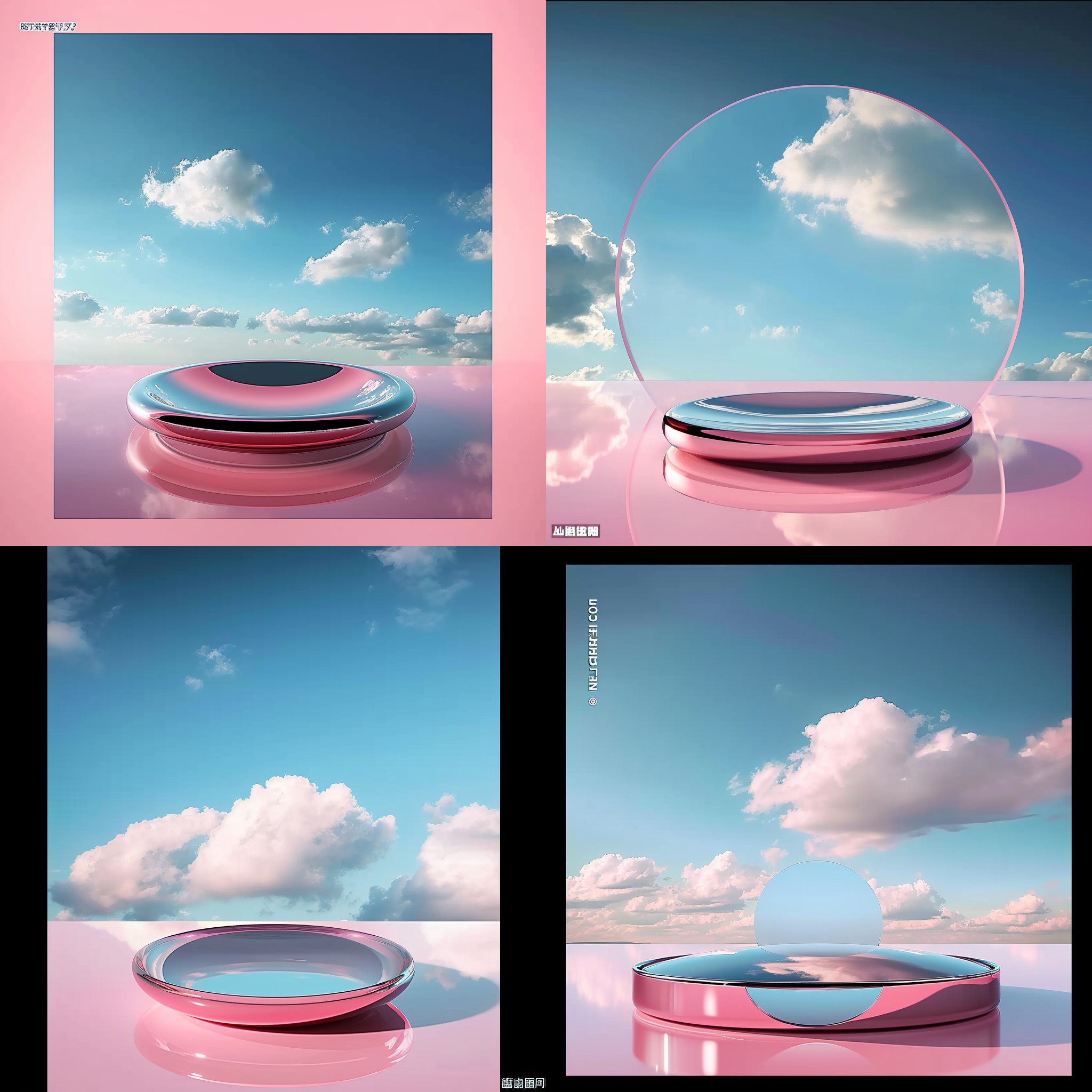 粉红色圆形物体，蓝天白云背景，宁静舒适，桌面展示，高饱和度，室内环境，正中构图，标准镜头，自然光，静态，温暖色调，放松。