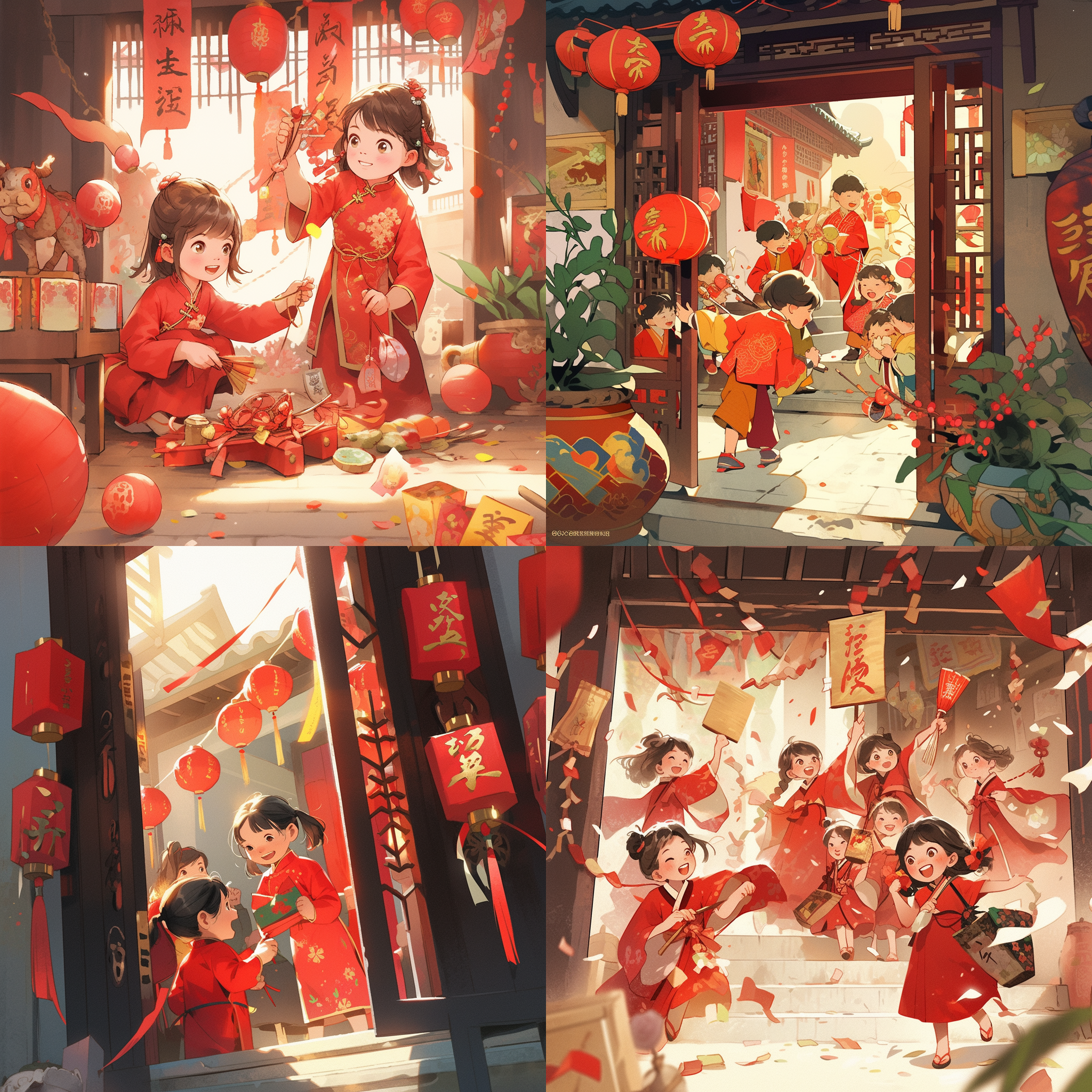 春节到了，小孩子在门口放鞭炮贴对联