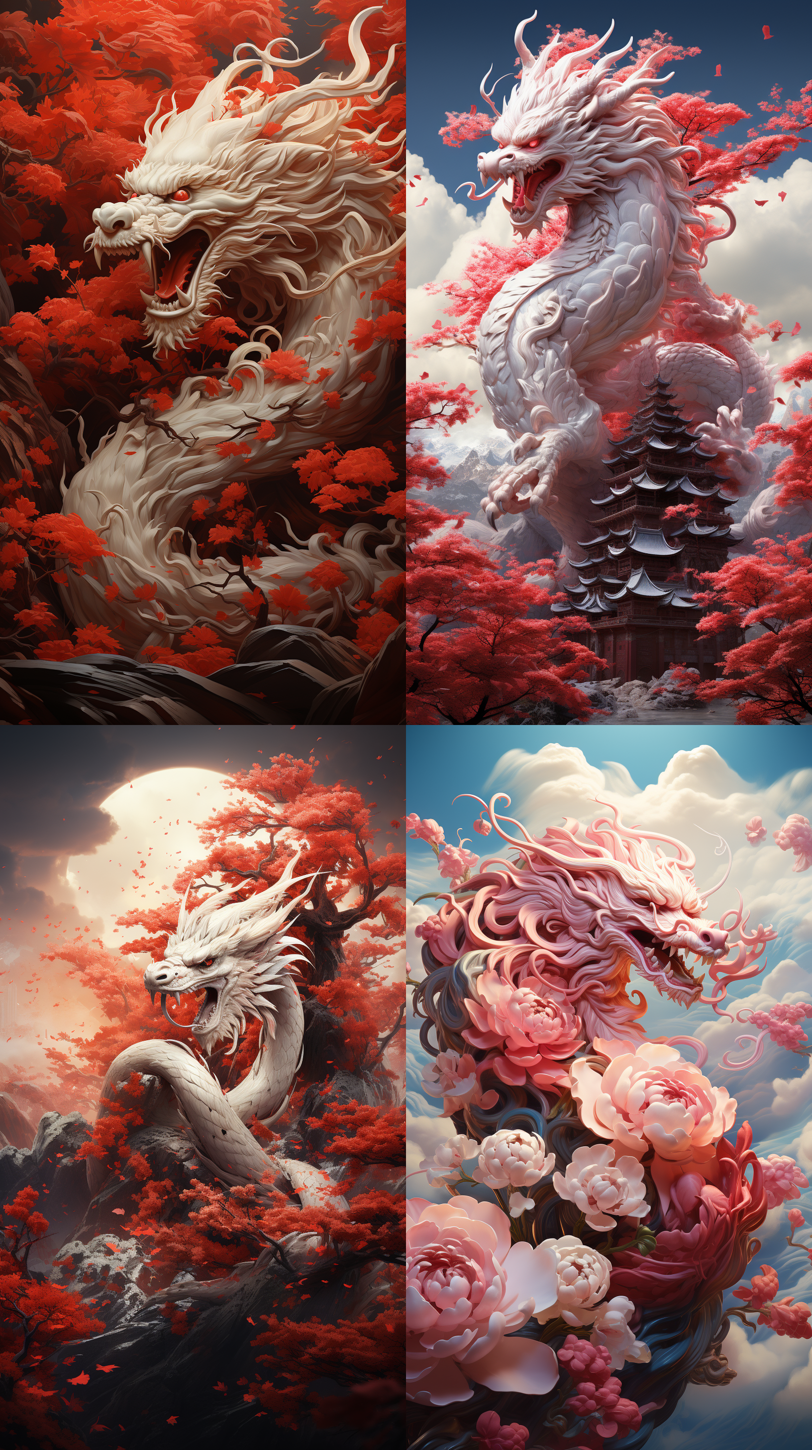 中国龙在天空中展翅飞翔，以新中式风格呈现。喜庆的红白色调点缀，油画般的质感增添神秘感。以8k分辨率呈现细腻复杂的细节，渲染出梦幻般的氛围。