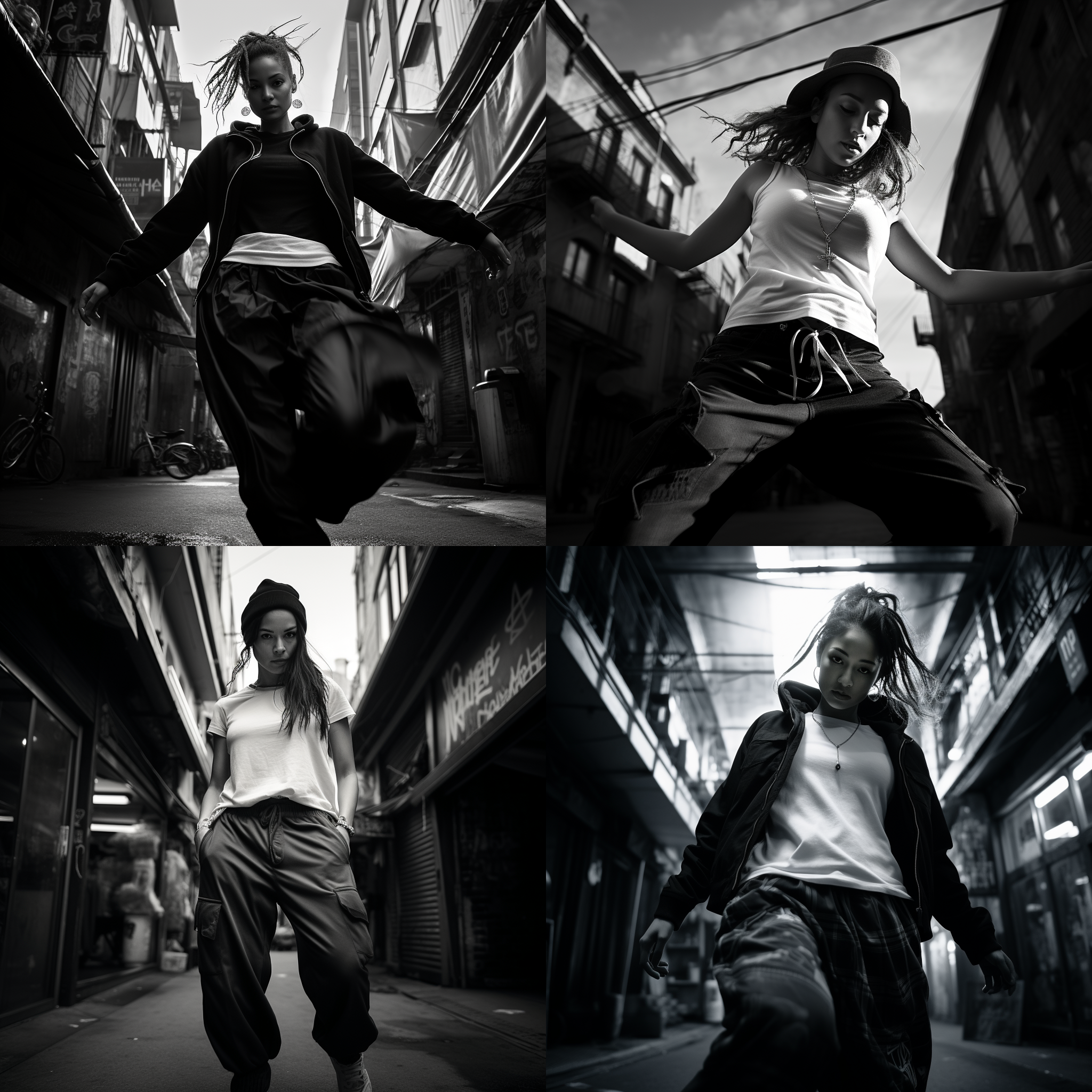 只想摆烂的女士，黑白高对比度，大都市街头，广角镜头，逆光，慢门，自由舞动，嘻哈风格，不羁，自信。