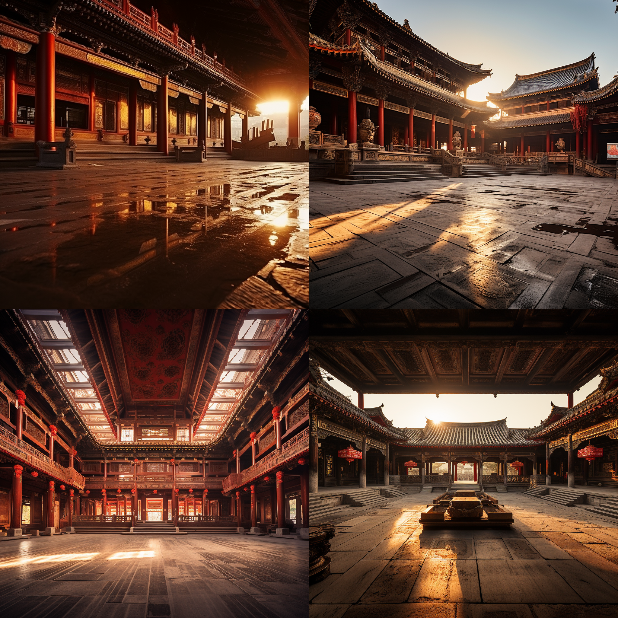 洛阳偃师中华邱氏总祠殿堂摄影照片。对角线布局，宏伟的殿堂，古老的建筑风格，传统细节，广角镜头，明亮的自然光线，夕阳余晖，壮丽的景色，传达庄严和宏大的氛围，金黄色调，令人心生敬畏和平静。