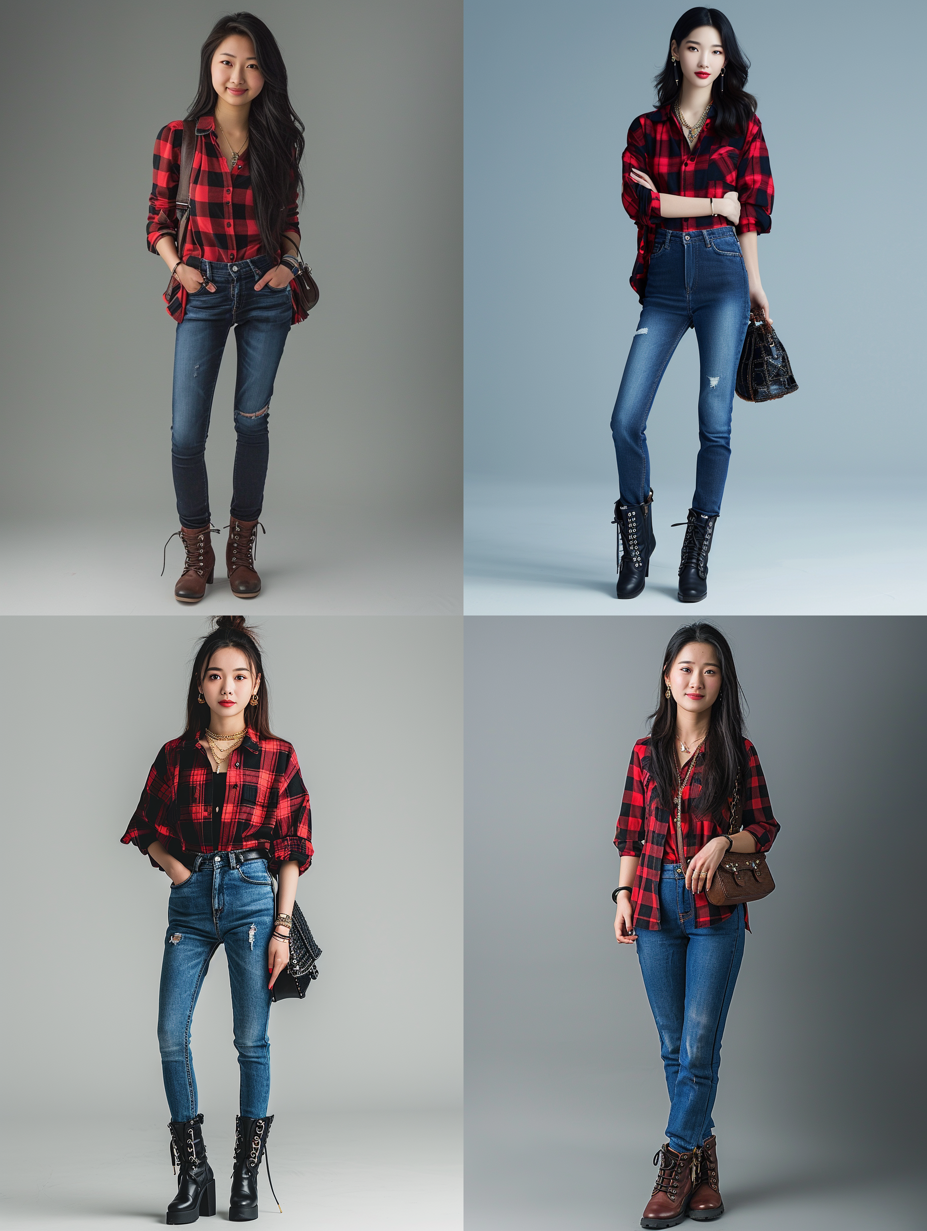 a beautiful girl,25-years-old,chinese,smile,red and black plaid shirt,fitted jeans,ankle boots,gold necklace,textured rivet bag,studio,gradient grey background,front view,full body,long shot,portrait,symmetric,rembrandt lighting,ultra realistic