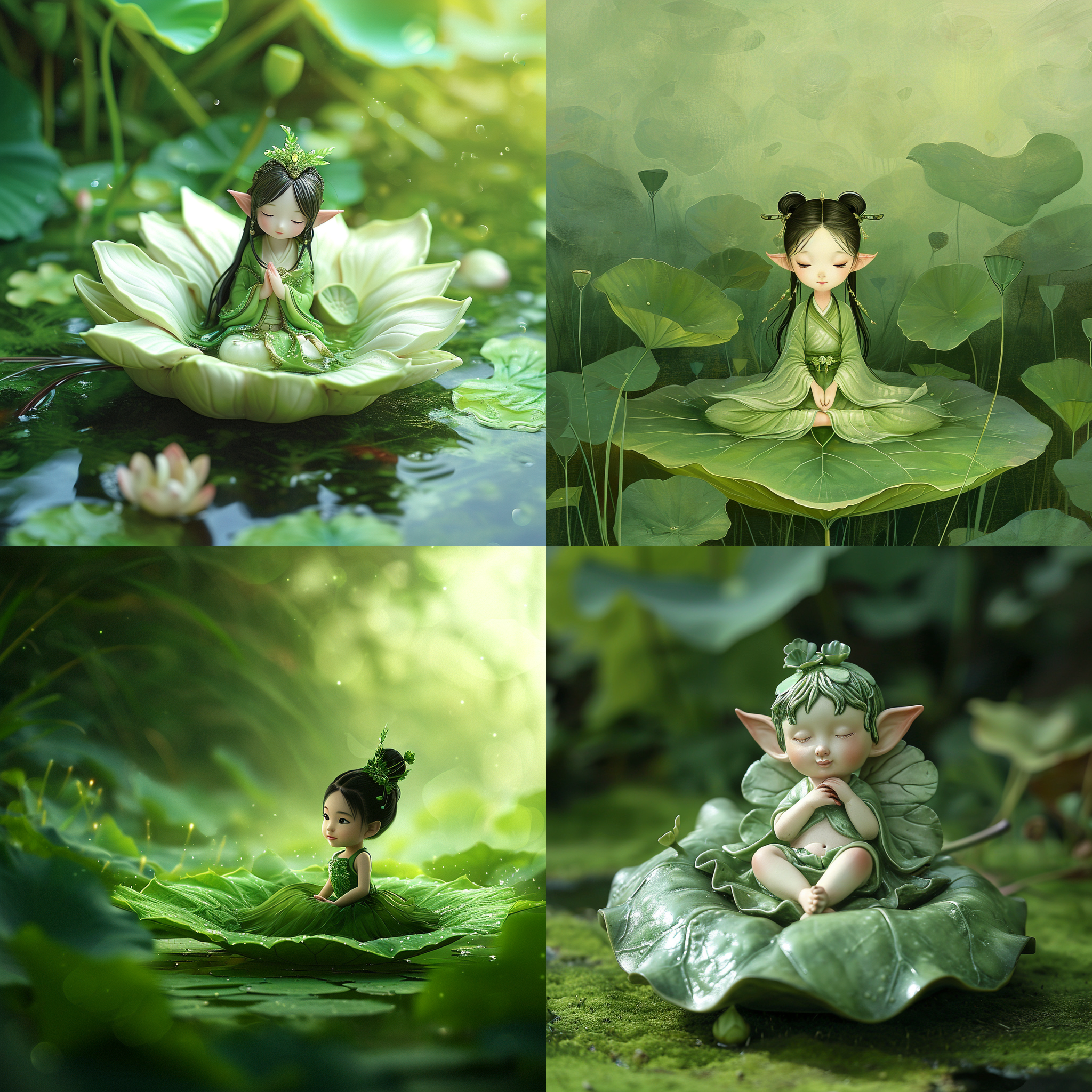 荷叶上的青娃，优雅地坐在荷叶上，微风拂过。构图对称，细腻的纹理与绿色草地形成鲜明对比。环境清新，光线柔和，呈现出温暖的氛围。青娃笑容可掬，身姿优美，宛如精灵般。色彩明亮，带有浓厚的自然气息，令人感到宁静和愉悦。