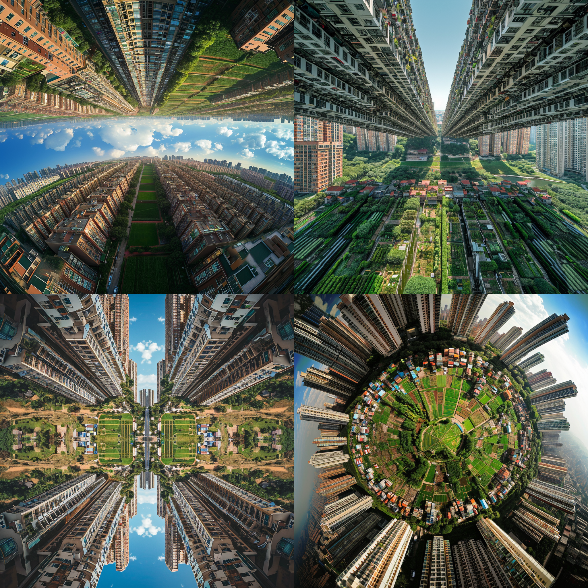 图上是倒置的乡村田园，下面是正立高楼大厦。构图对称，风景与现代城市的对比。明亮的白天光线，使用广角镜头捕捉细节。乡村田园有绿色草地、农田和小屋，大厦高耸入云，反映现代化都市生活。色彩丰富，展示自然与城市的交汇，传达希望与挑战。