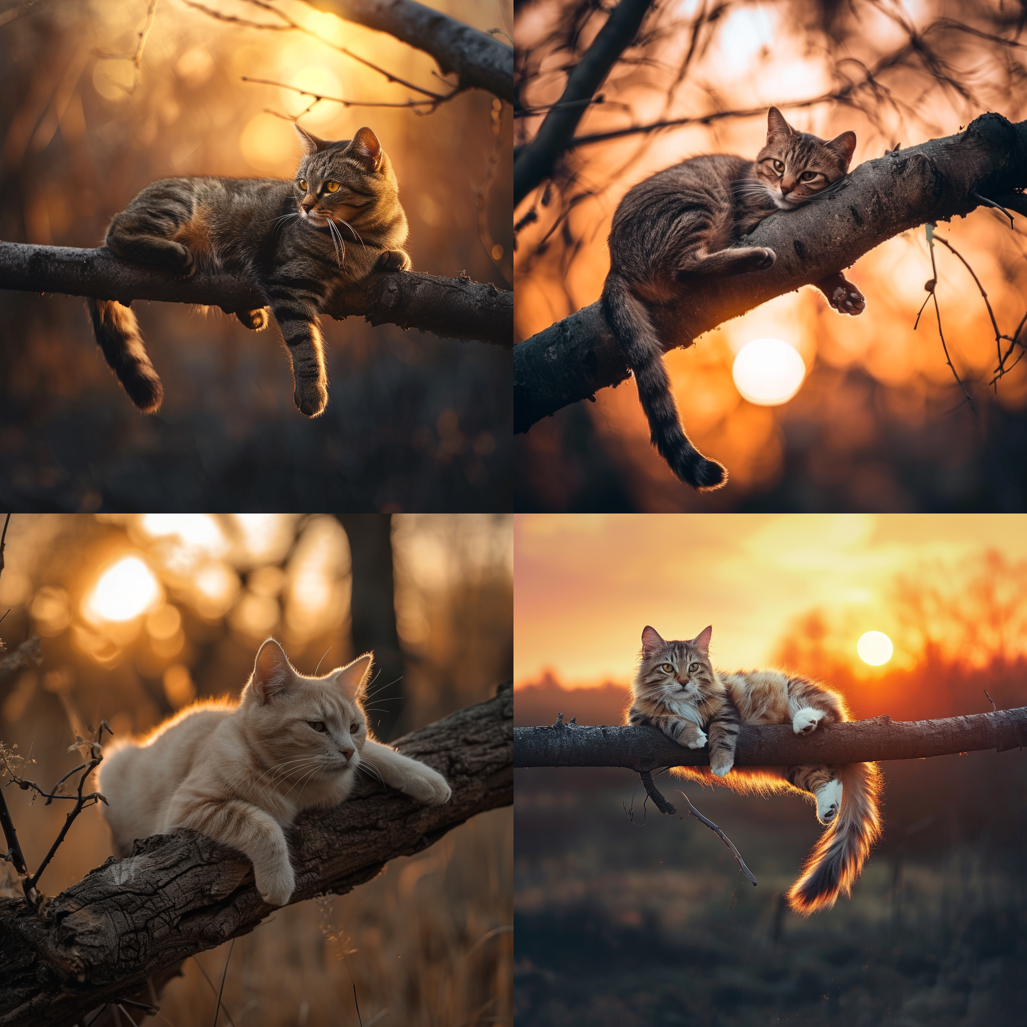 猫趴在树枝上，背景是壮丽的日落。照片采用鸟瞰角度，突出猫的优雅和自由。猫的姿势优美，尾巴拖地，眼神专注。照片运用了长焦镜头和柔和的侧光，呈现出柔和的色调和细腻的细节。照片中充满了宁静和神秘的氛围，让人感受到猫的独特魅力和自由自在的生活态度。