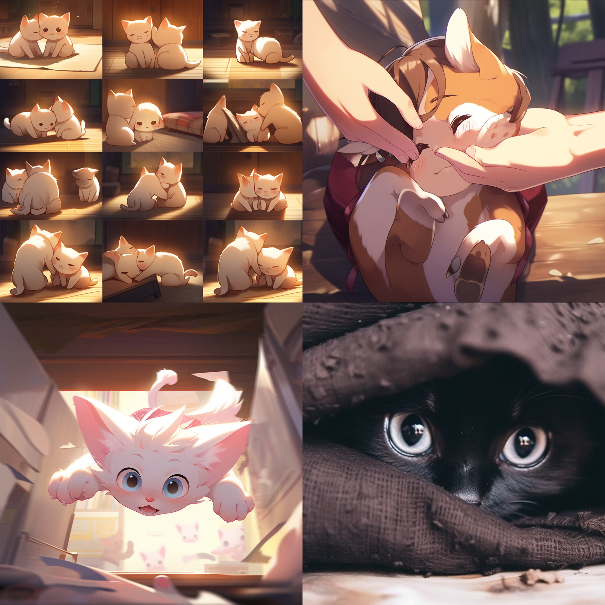 可爱小猫，高清画质，慵懒的姿态，逆光照明，浅景深，柔和色调，特写镜头，嬉戏跳跃，好奇心，童真，温暖的情感。