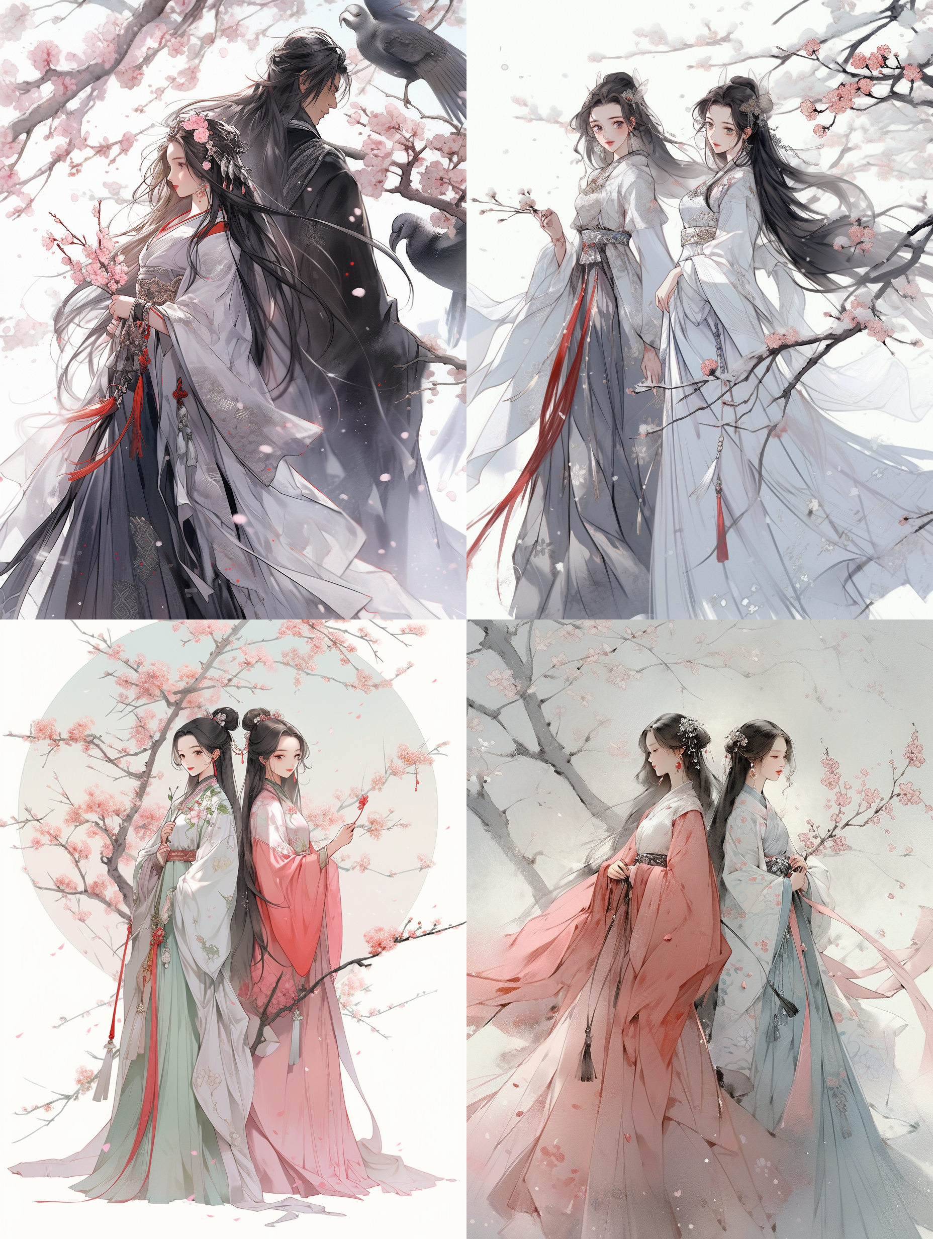 画面中有两个人，左边中国现代美女，右边中国古代美女，两人相对站立，中间间隔很远，穿越，桃花，飞雪 光追反射 国墨 光追反射 国墨