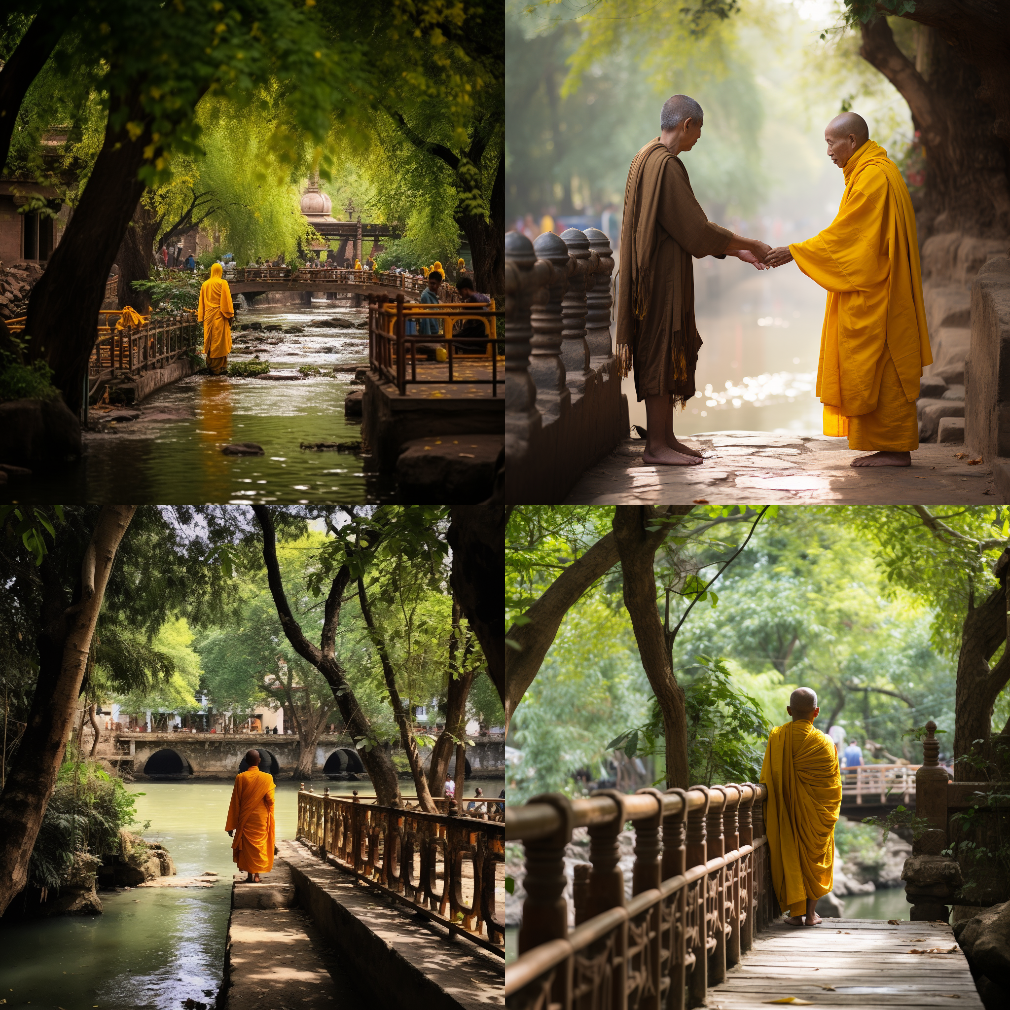 黄袍老僧微笑站在桥的尽头，目光温和地注视着40岁的女人。女人双手合十向老僧鞠躬致敬。桥下是一条流淌的河流，桥上人潮涌动，河岸绿树成荫，商铺林立。这张照片采用对角线构图，广角镜头捕捉到整个场景，柔和的光线增添宁静氛围，自然色彩使画面更加真实，传达出宁静与尊重的情感。