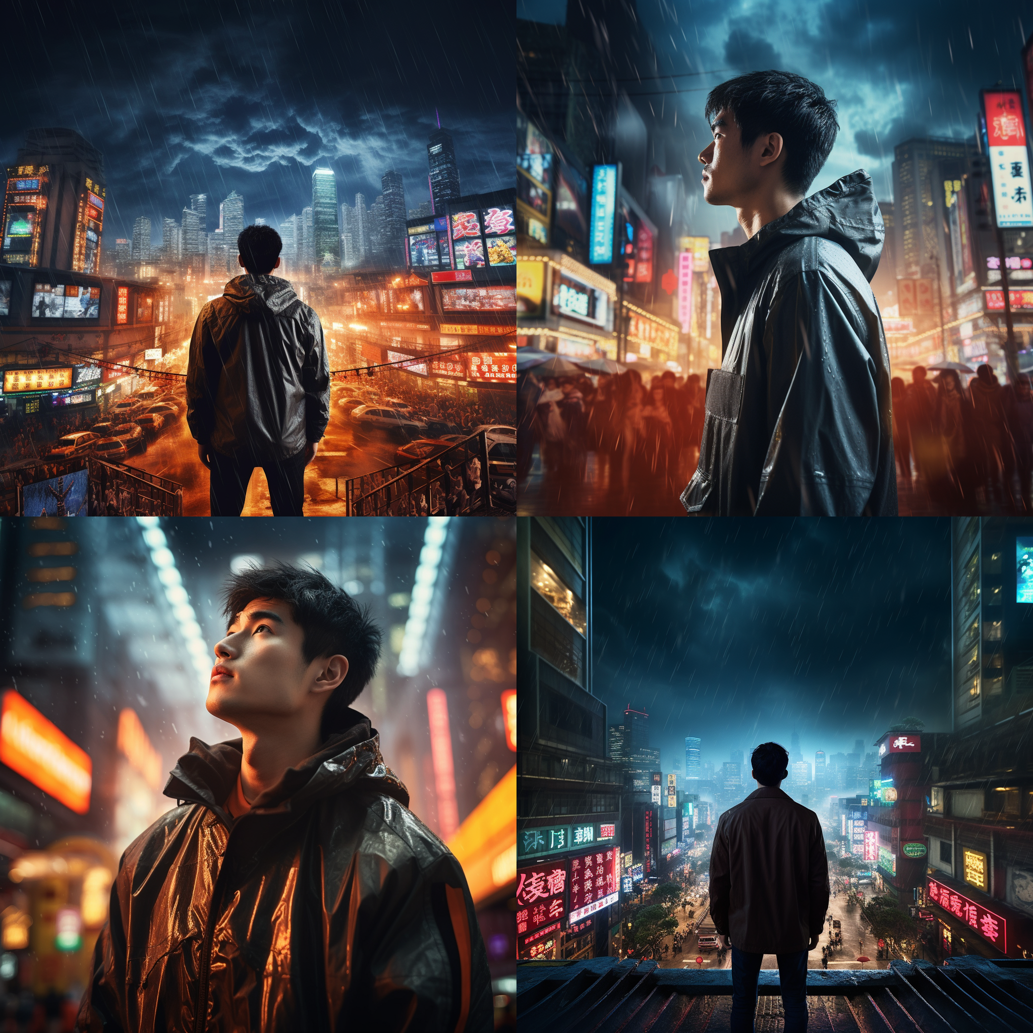 远景，中国男子穿风衣仰望天空，暴雨倾盆，现代城市，雷电，真实风格，高光，低饱和度，广角镜头，湿润环境，霓虹灯，孤独，思考。