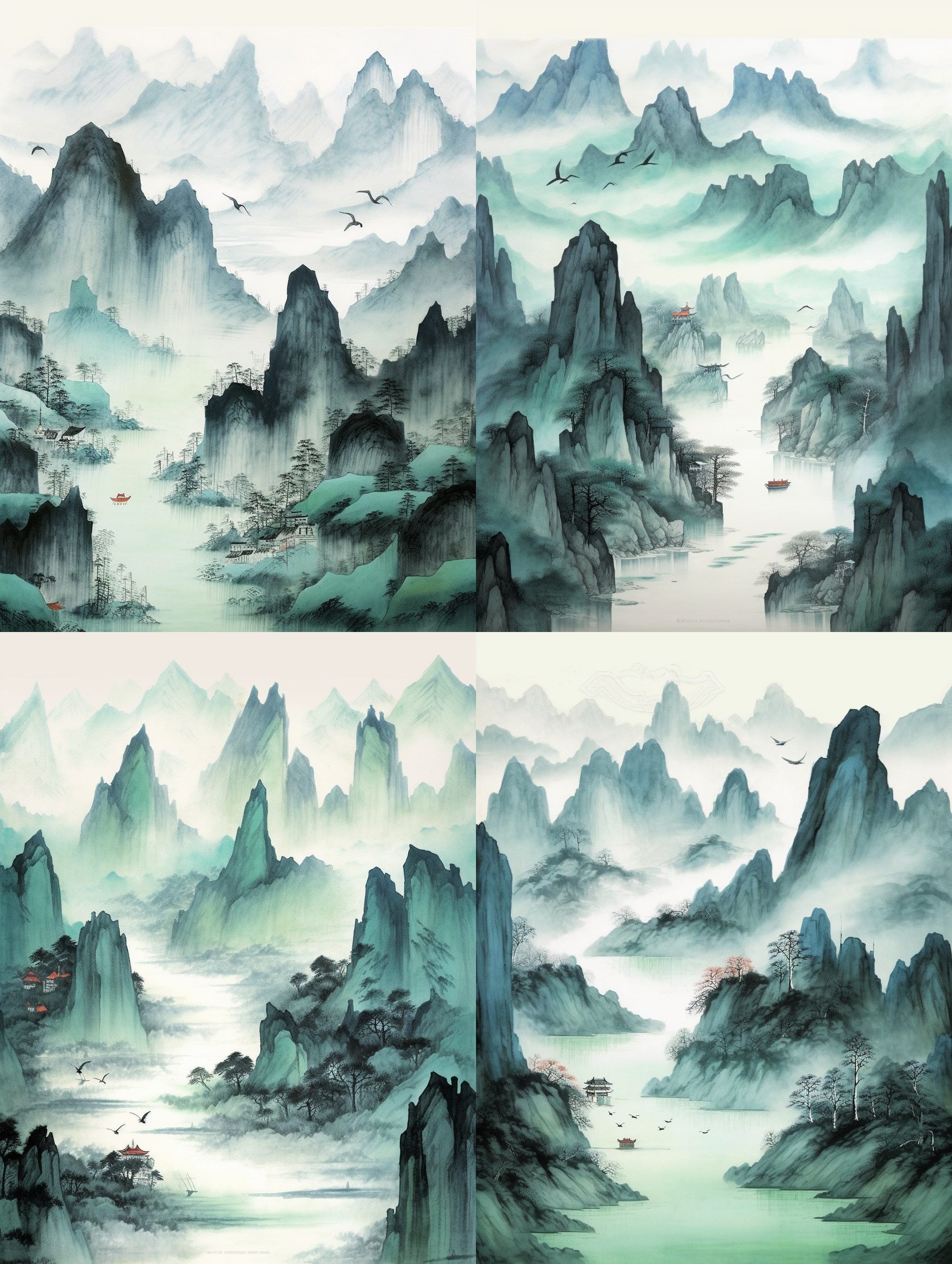 中国画山水画，传统风格，细腻的笔触描绘出青山绿水，对角线构图，自然景色，温和的色调，水墨效果，传达着宁静与和谐。