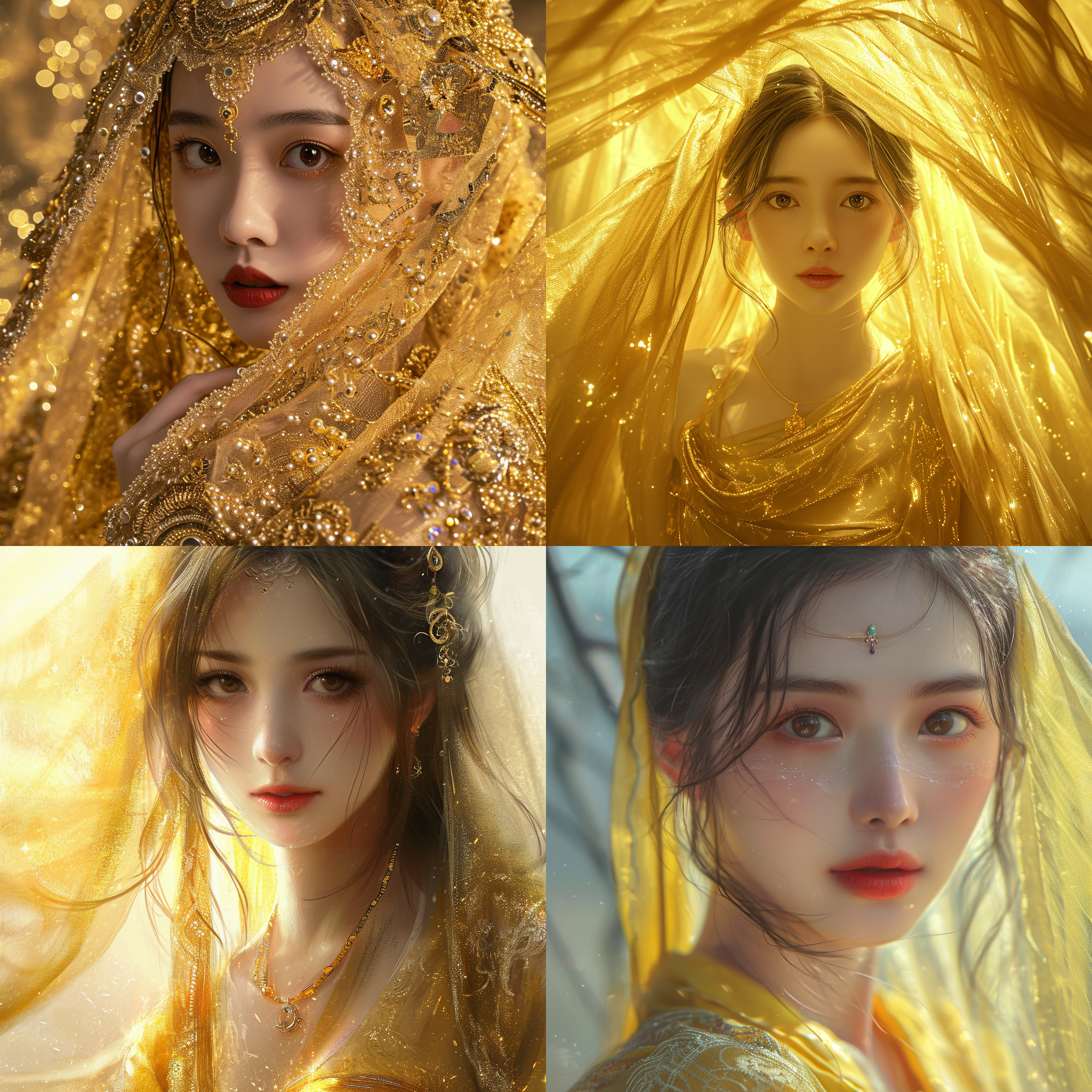 美丽的女子，身着金纱和精致的配饰，拥有真实的面部特征和阳光照射下的容颜。雪花、赵氏风格油画，极端特写镜头，穿着美丽而精致的宽松金纱材料服装中舞动，美丽的光线，极其精美的面部细节和棕色眼睛，流动的丝绸，精致的面纱，清晰立体的面部特征，坚实的背景，32k，为艺术描绘增添了悲伤和寂静。uhd