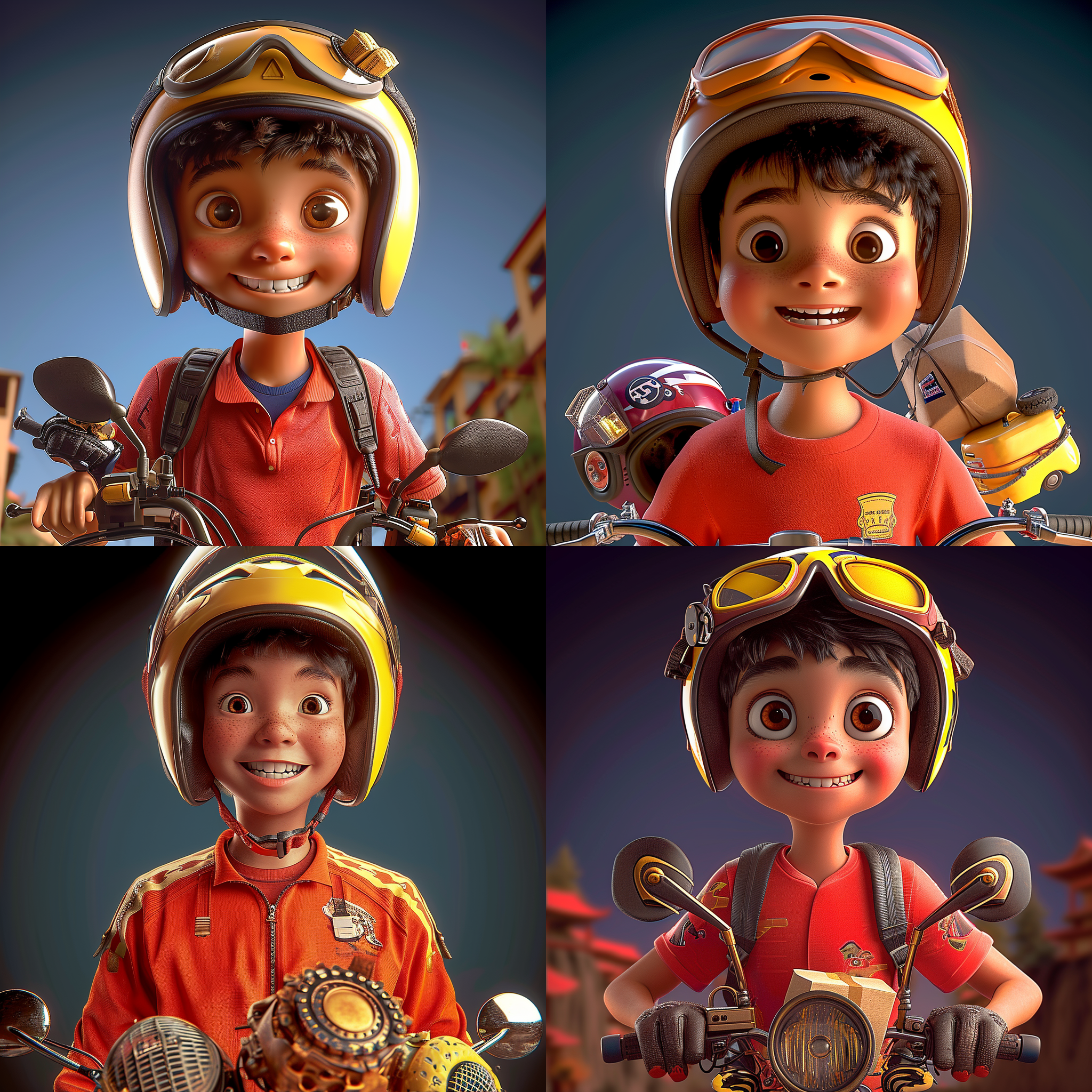 中国男孩微笑，戴头盔骑摩托，送快递，c4d风格，3d渲染，明亮场景，细节精致，鲜艳色彩，温暖光线，表情愉悦，活泼可爱，动态姿态。