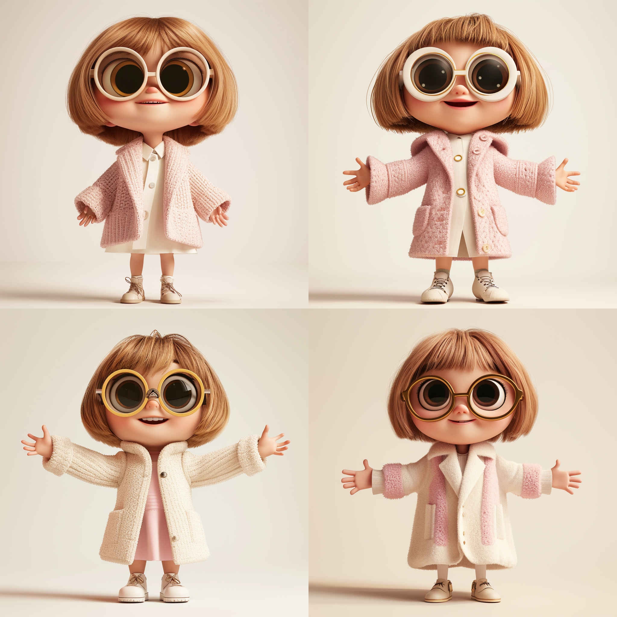 卡通可爱的时尚小女孩，白色背景，大眼睛微笑中，迷人医生角色插图，cinema4d，c4d，柔和色彩融合，全身照，8k。