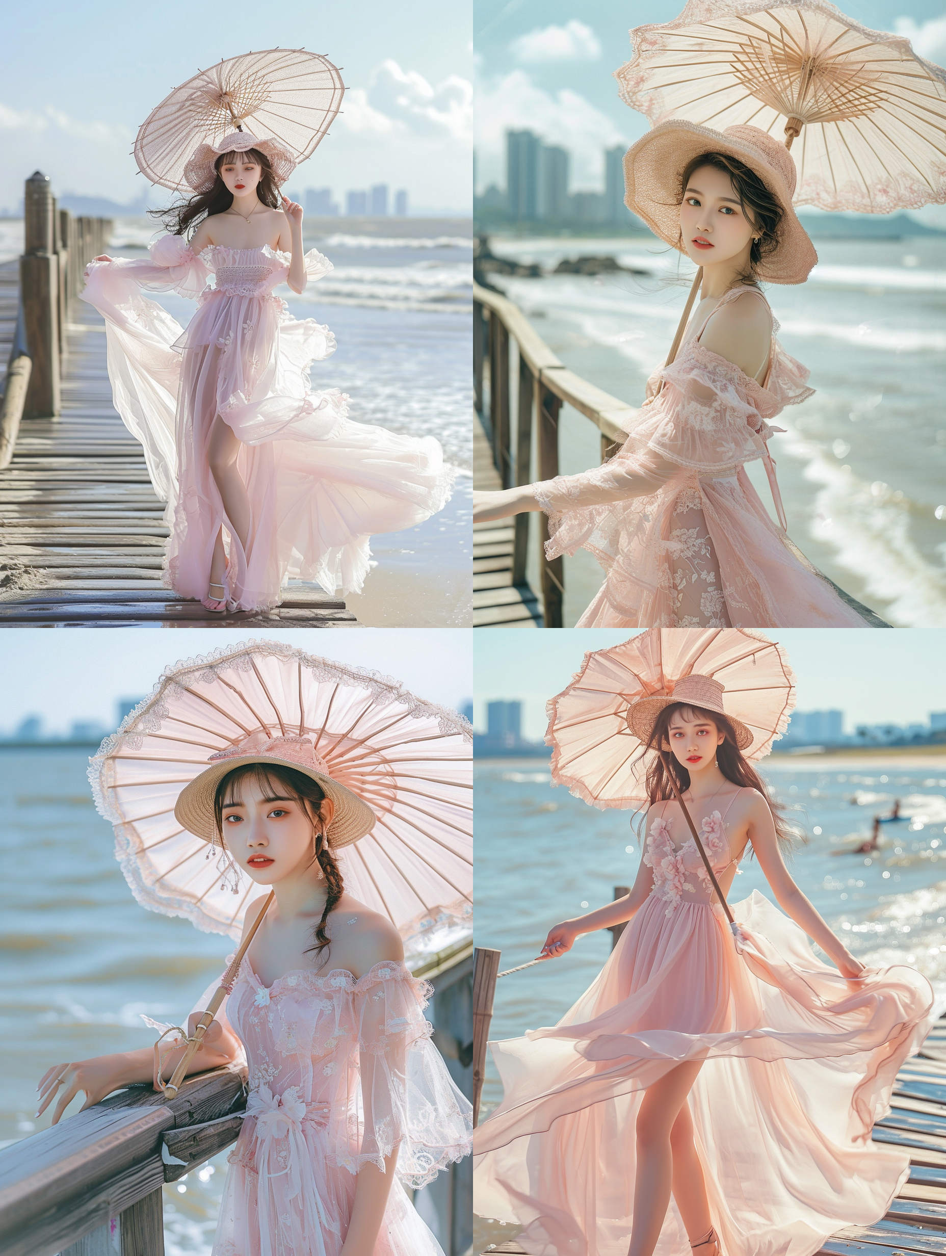 8k画质，中国绝世美女,全身照，粉色碎白花大翻领薄纱连衣裙，粉色编织遮阳帽，手持江南风的遮阳伞，站在木板栈桥上，海波浪，五官端正，长腿少女，阳光，身材苗条，沙滩，丝袜，高跟鞋，海波浪，远处的城市楼群，顶级专业人物摄影，色彩饱和，颜色丰富，