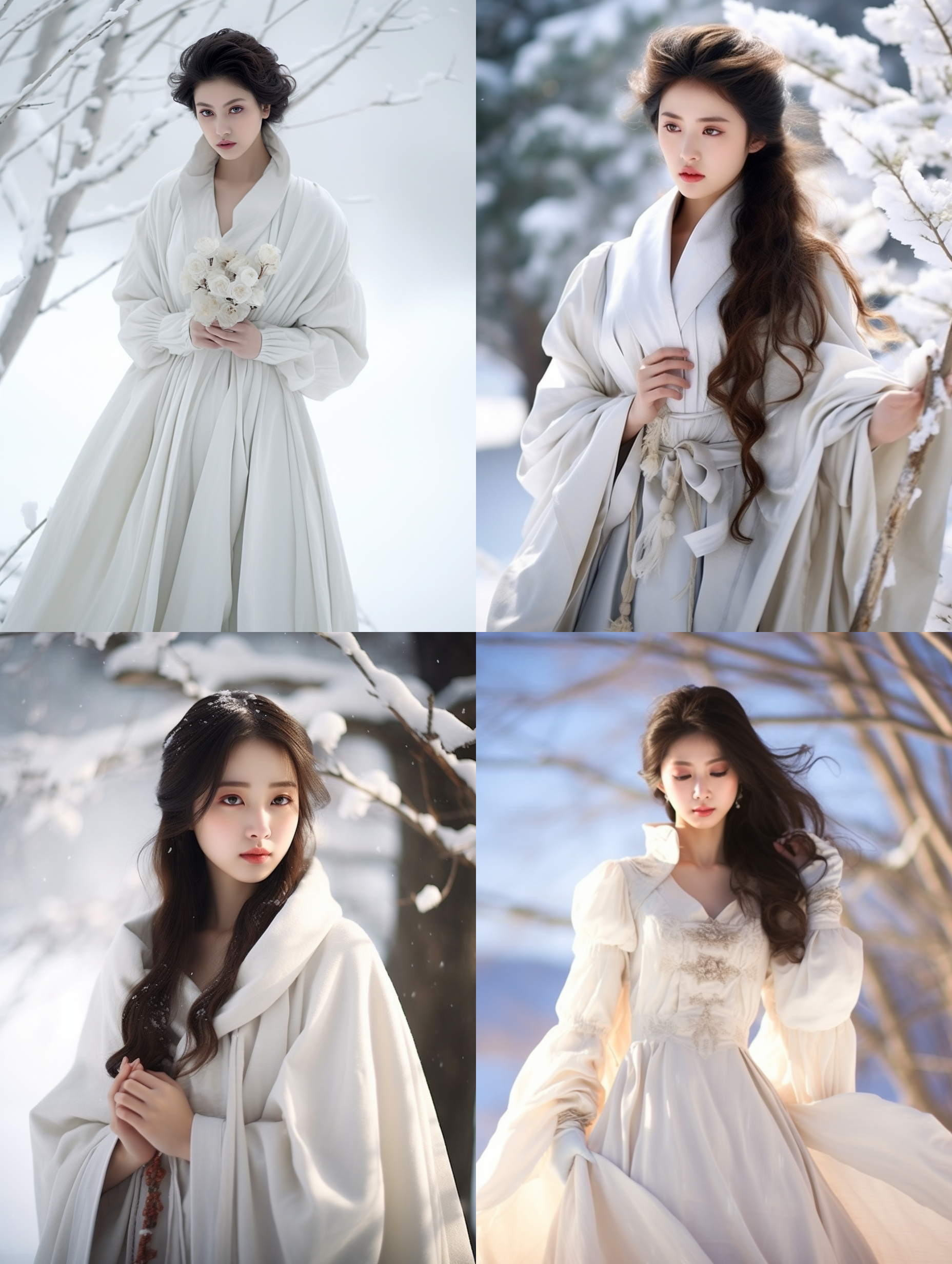 雪景中，亚洲女性穿着白裙子，阳光明媚的冬天。构图优美，广角镜头，突出雪景广阔和女性纤细。明暗对比强烈，温暖宁静感。