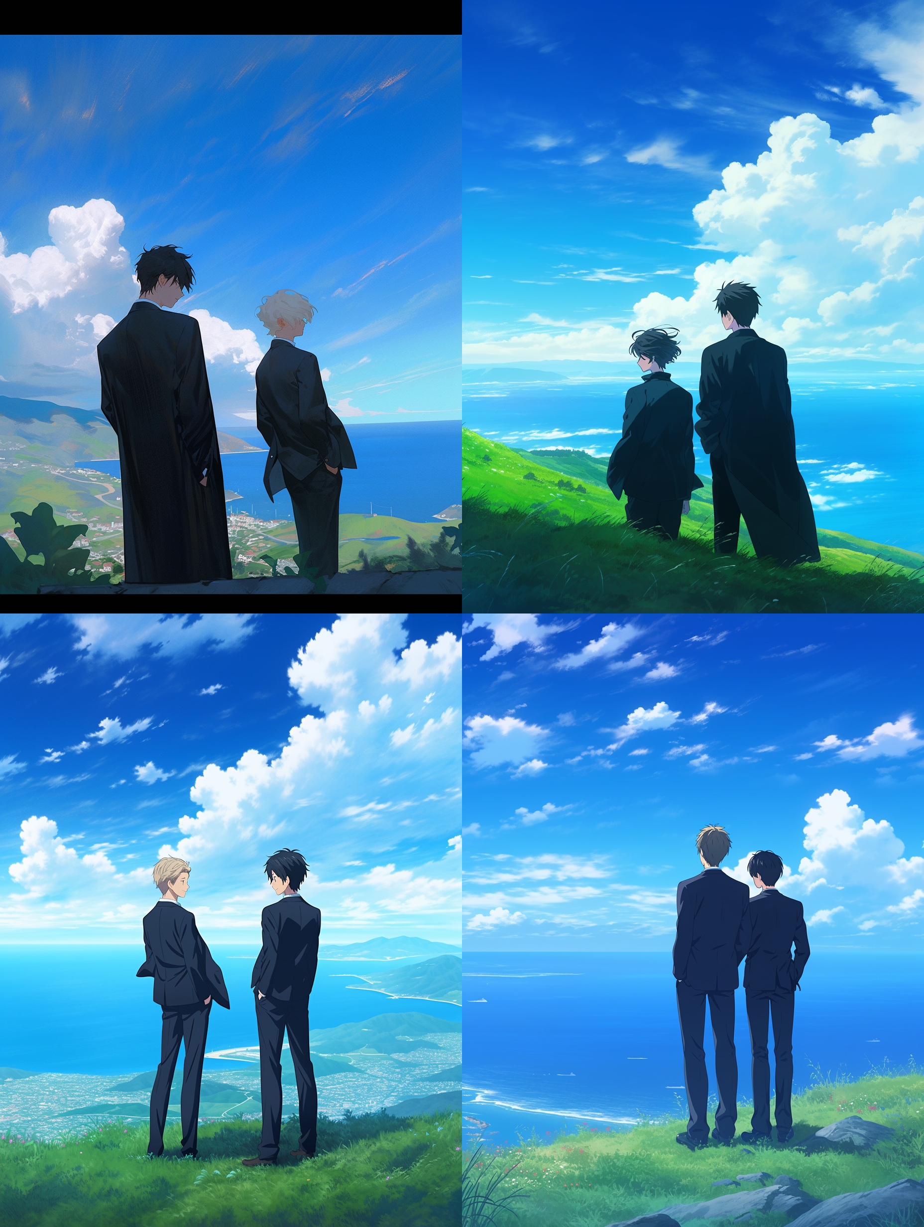 两个男生，黑色西装，肩并肩站在绿色山丘上，人物背对镜头，面朝深蓝色大海，海上有云层，蔚蓝色的天空，柔和光线，海上有船只，高对比度，广角镜头，静态姿势，平衡构图，温暖色调，宁静，自信，二次元风格。 卡通 新海诚风格 皮克斯 旷野之息