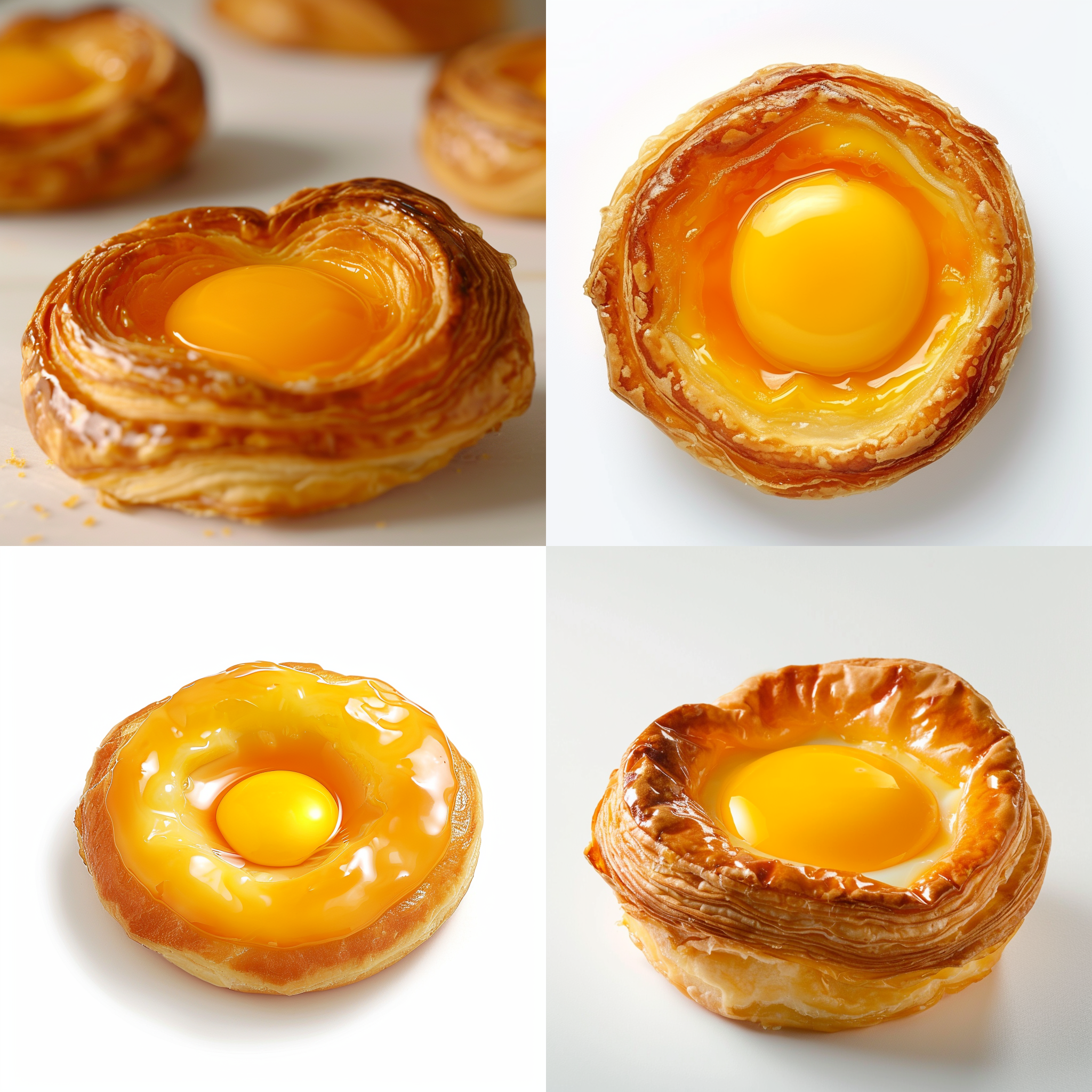 蛋黄酥，明亮环境，微距镜头，高清，柔光，温暖色调，细节丰富，鲜艳颜色，诱人，白色背景，纯色背景，动画艺术。