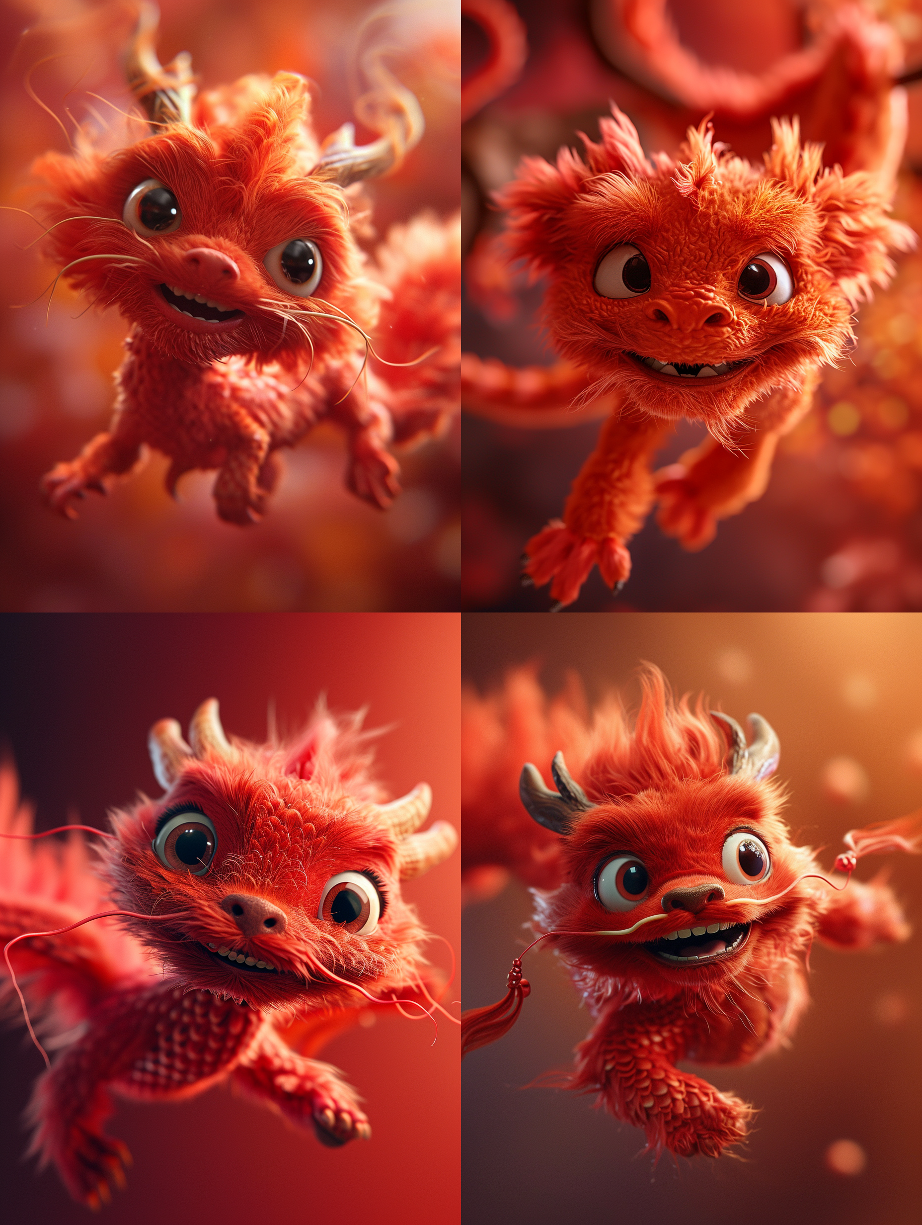 红色毛茸茸飞起来的中国小龙，呆萌，纯色渐变背景，高品质，皮克斯风格，柔光，可爱，温暖，细节丰富，饱和度高，焦距长，浅景深。