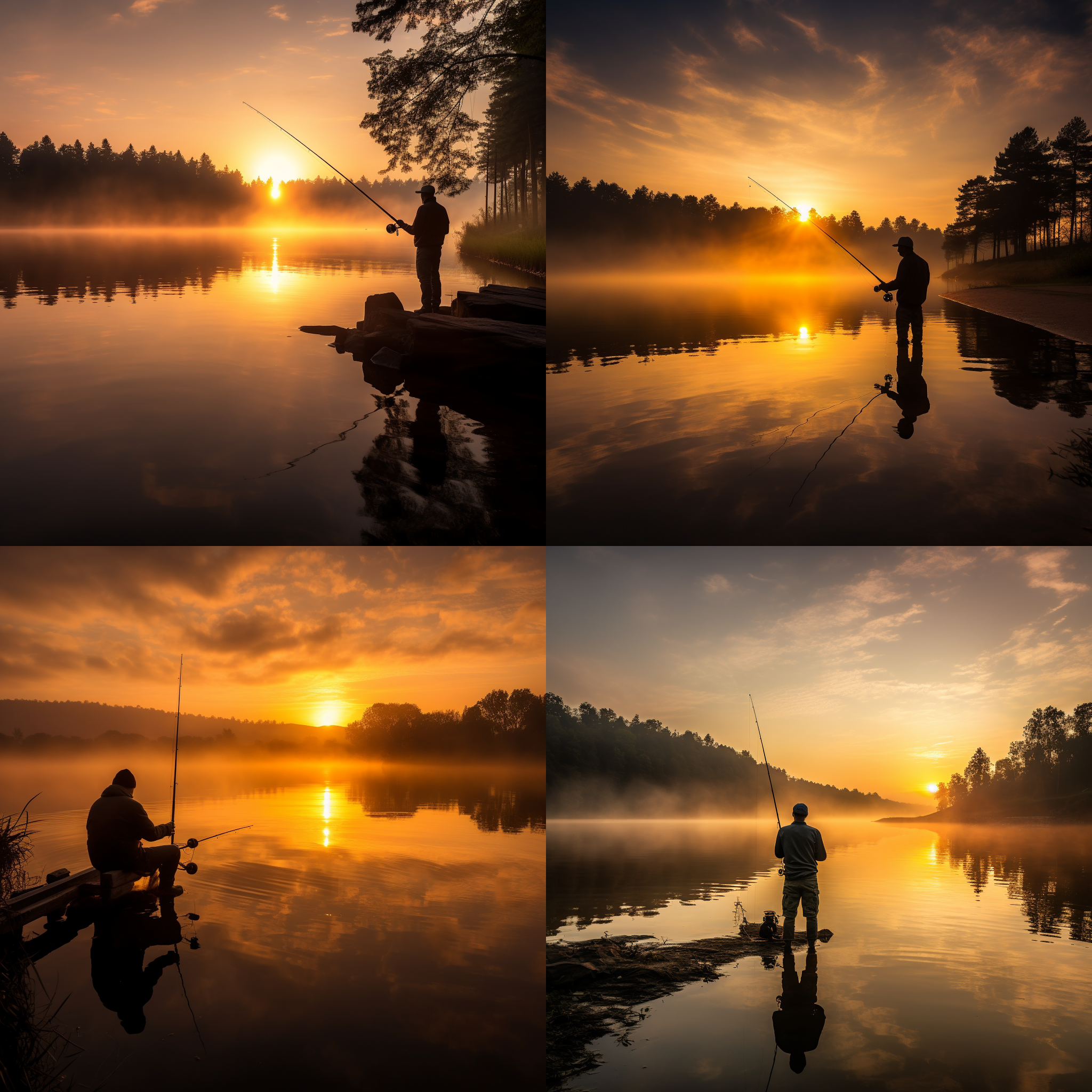 渔夫站在湖边，伴随着日出的美景。他手持钓竿，专注地等待着鱼儿上钩。画面构图对称平衡，用长焦镜头拍摄，形成广阔的景深。光线柔和而温暖，呈现出宁静的氛围。渔夫的姿态稳定而从容，表现出他的专业与决心。