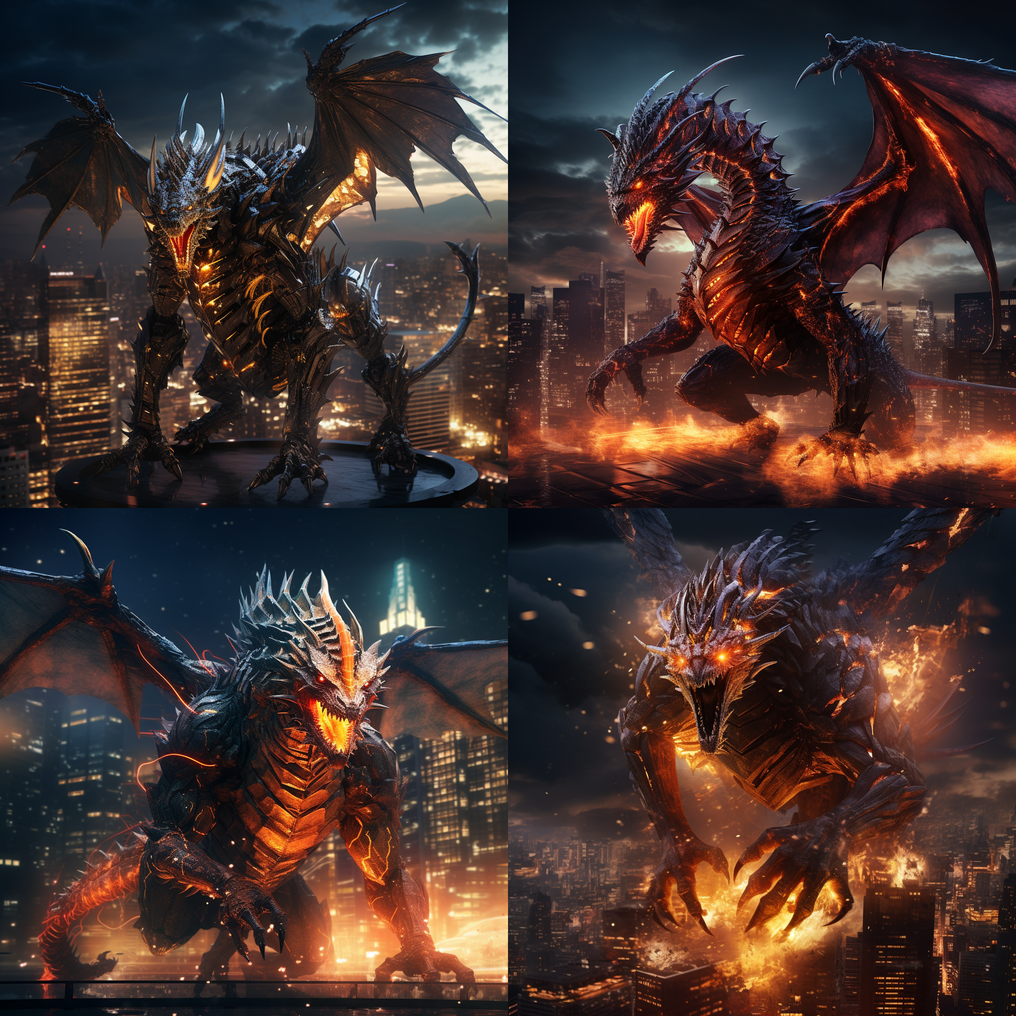 科技龙，巨大的机械龙身躯在炽热的火焰中咆哮，背景是高耸的摩天大楼与闪烁的城市灯光。构图对称，细节精致，黑暗色调，广角镜头，逆光，长曝光，喷射火焰，震撼。