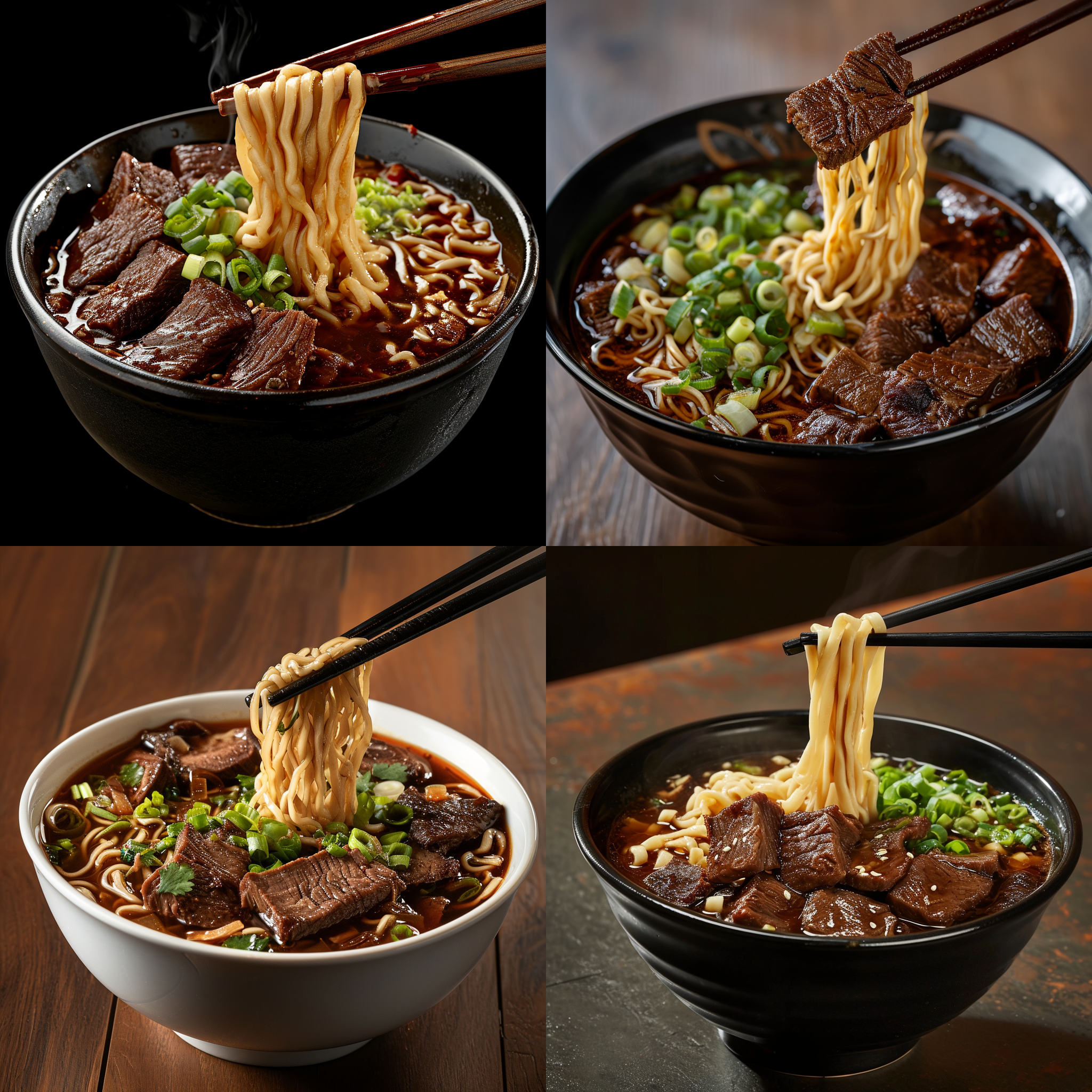 产品摄影，50度拍照角度，一碗完整的牛腩面，筷子从很高处夹起面条，没有菜，没有葱，少点牛腩，细节丰富，高品质