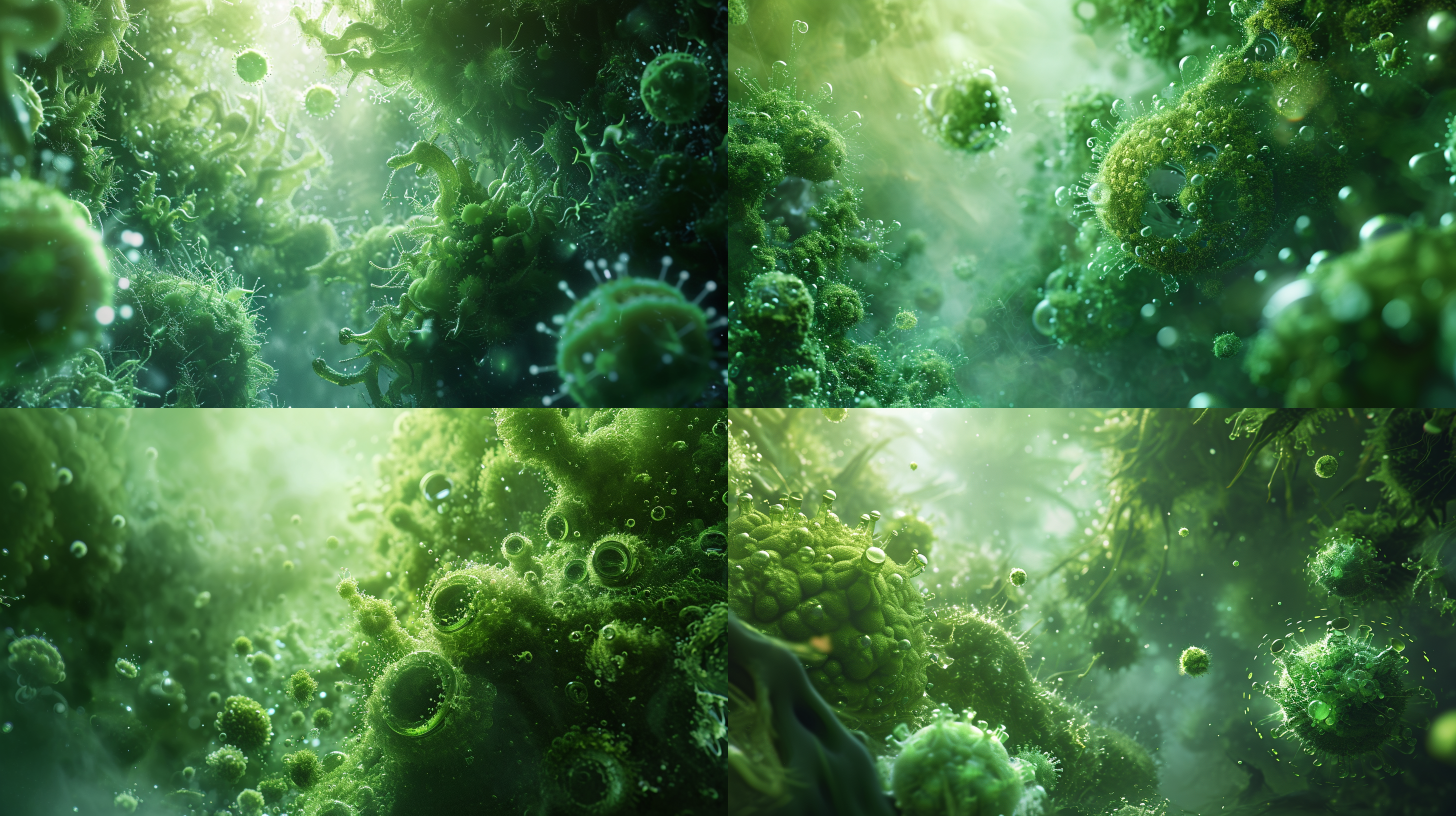 绿色微生物，光晕特效，写实构图，环境神秘，广角镜头，柔光，活跃，细节丰富，鲜艳颜色，奇幻情感。
