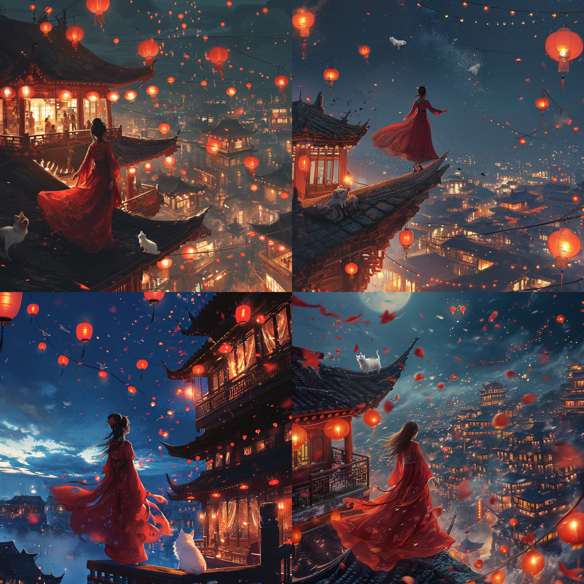 一个穿着红色汉服的女孩子，站在夜晚灯火通明的中式建筑上，裙摆被风吹起非常飘逸，空中有很多红色灯笼，脚下有一只白色的猫
