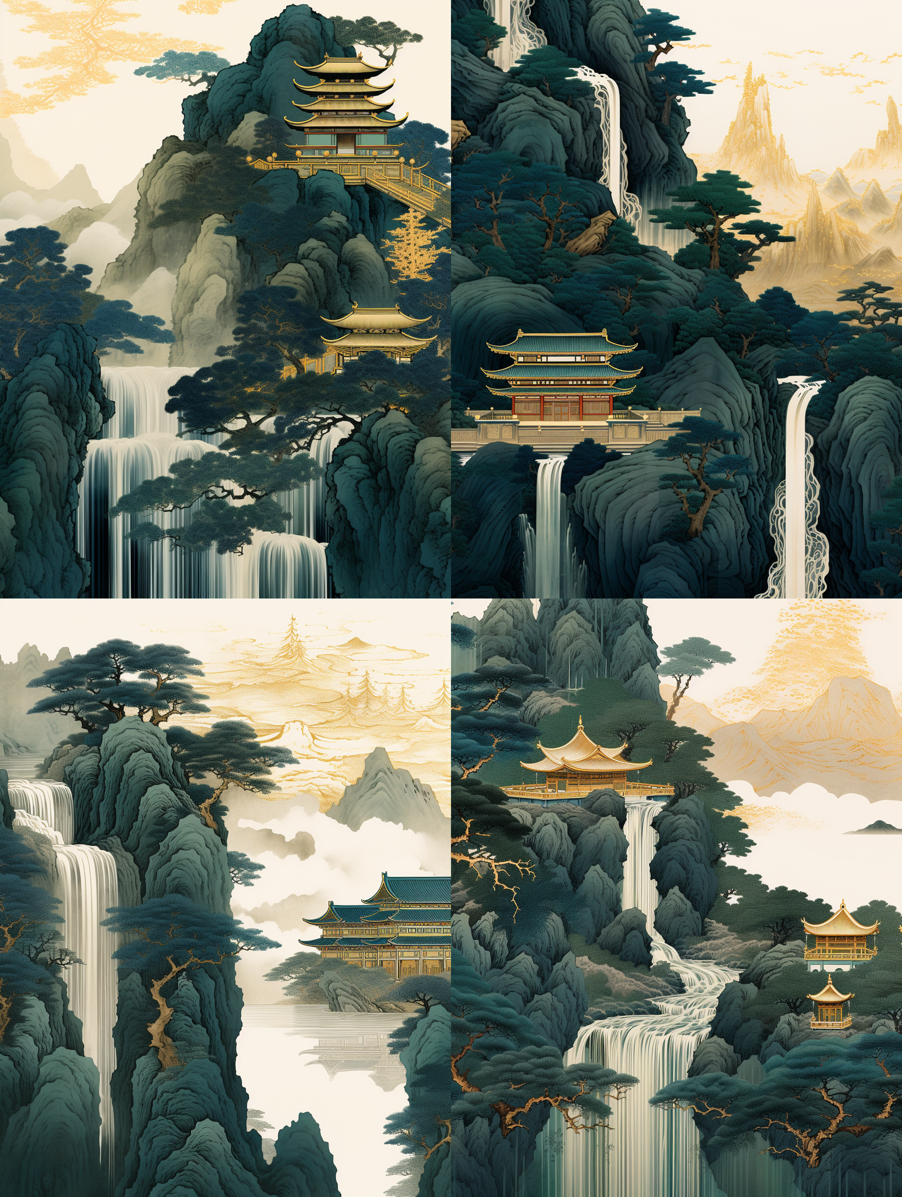 中国精美刺绣描绘了江左的碧绿丝带，群山如碧玉，左侧留白，浅蓝色，细致入微的细节，刺绣光泽，16:9的精致图案。