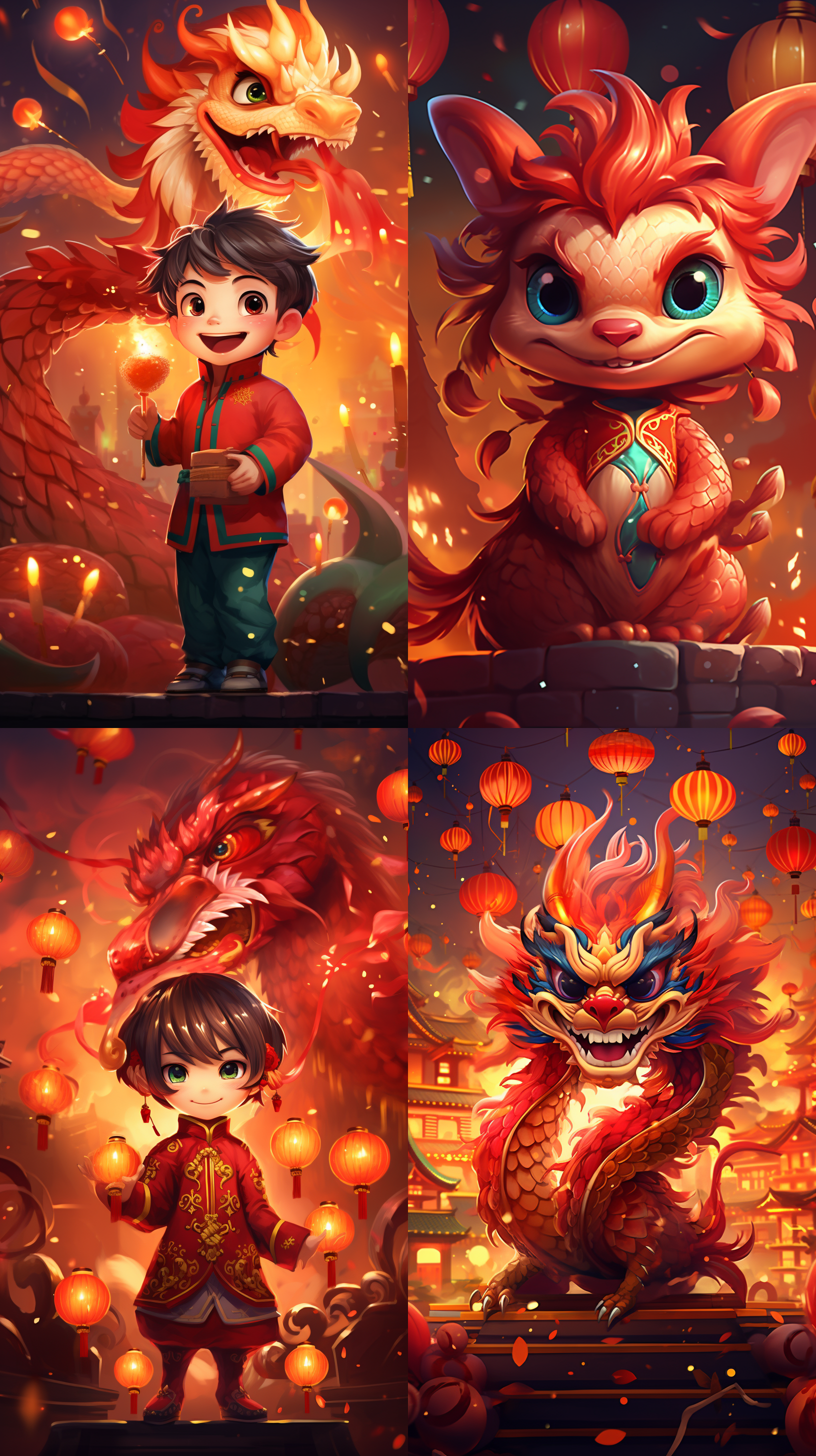 中国风小龙，可爱摆pose，烟花，灯笼，红色背景，新年素材元素装饰，宽广的构图，明亮而柔和的光线，细节丰富，眼神友善，喜庆的颜色，欢乐的氛围。