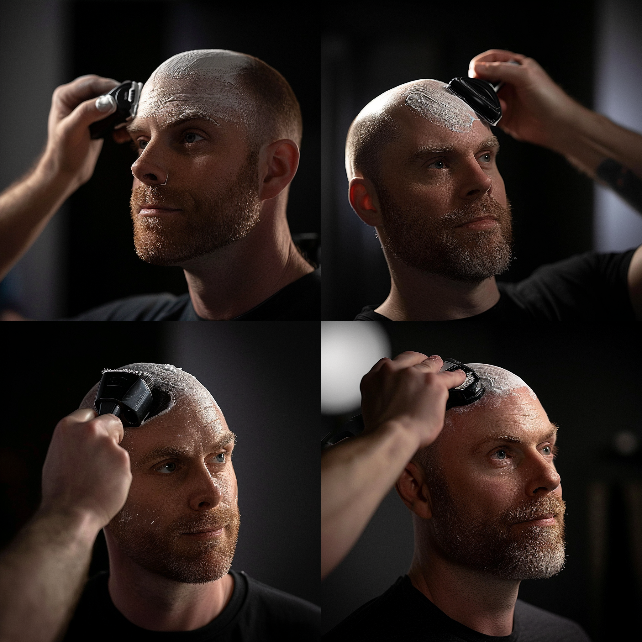 剃头，近距离特写，黑白风格，理发店里，剃须刀，光源来自窗外，专注动作，舒适感，决心，平静。