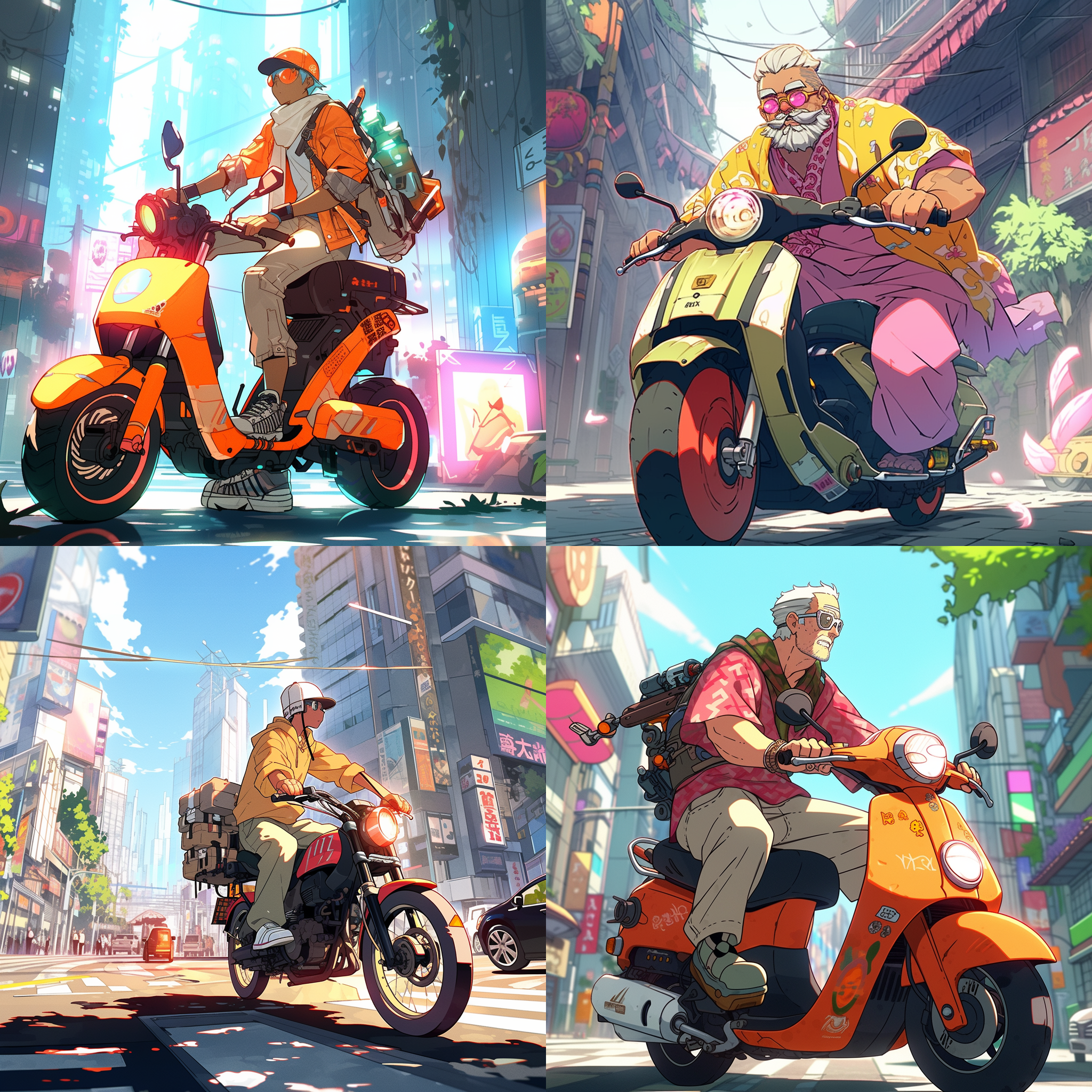 慵懒大叔开电动车，街头等滴滴，动漫风，高清8k，大角度，明亮光线，细节丰富，活力色彩，轻松愉悦，现代都市。